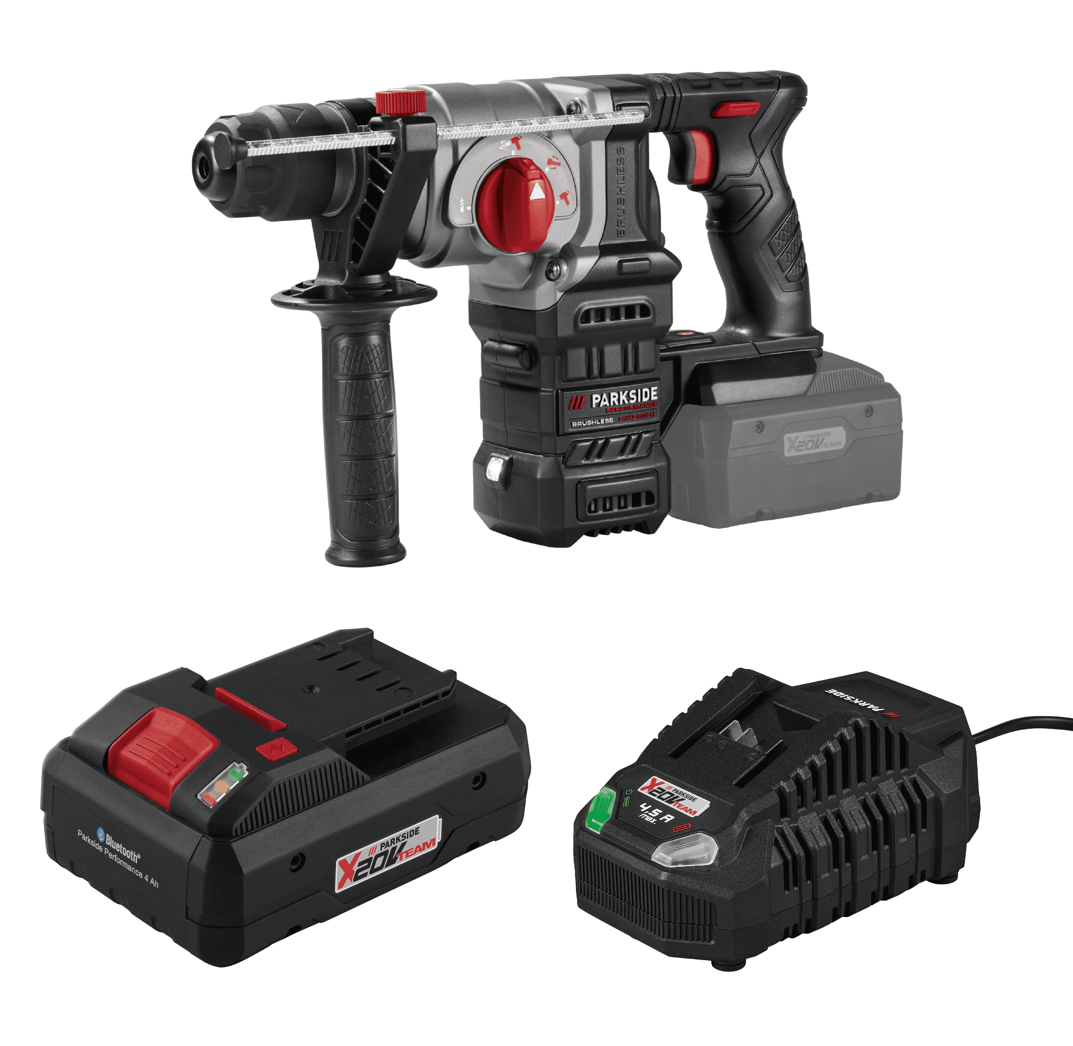PARKSIDE® Aku kombinované kladivo PKHAP 2034-Li B1 + Smart akumulátor 20 V/4 Ah + Rýchlonabíjačka akumulátora 20 V/4,5 A