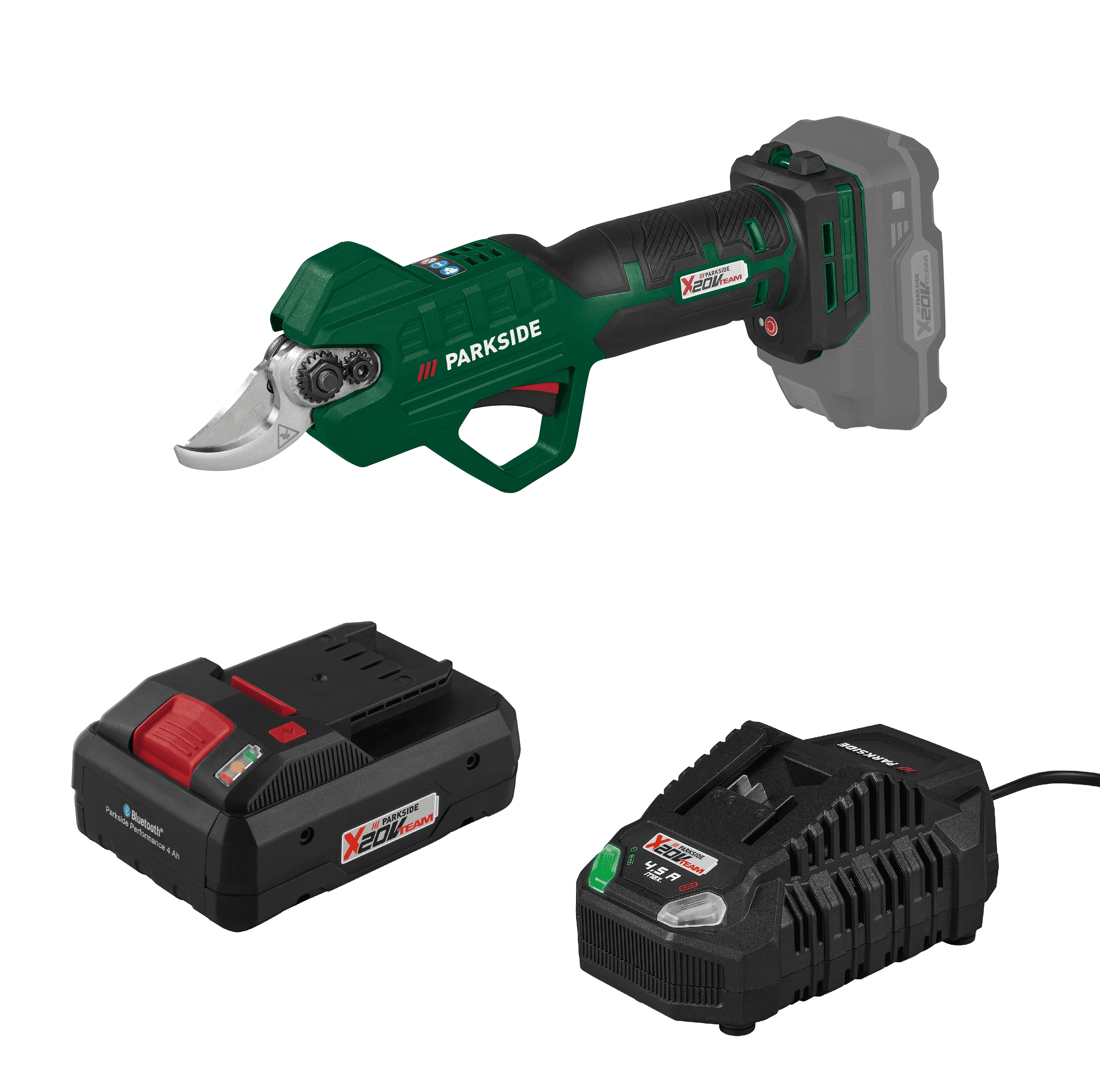 PARKSIDE® Aku nožnice na konáre 20 V PAAS 20-Li B1 + Smart akumulátor 20 V/4 Ah + Rýchlonabíjačka akumulátora 20 V/4,5 A
