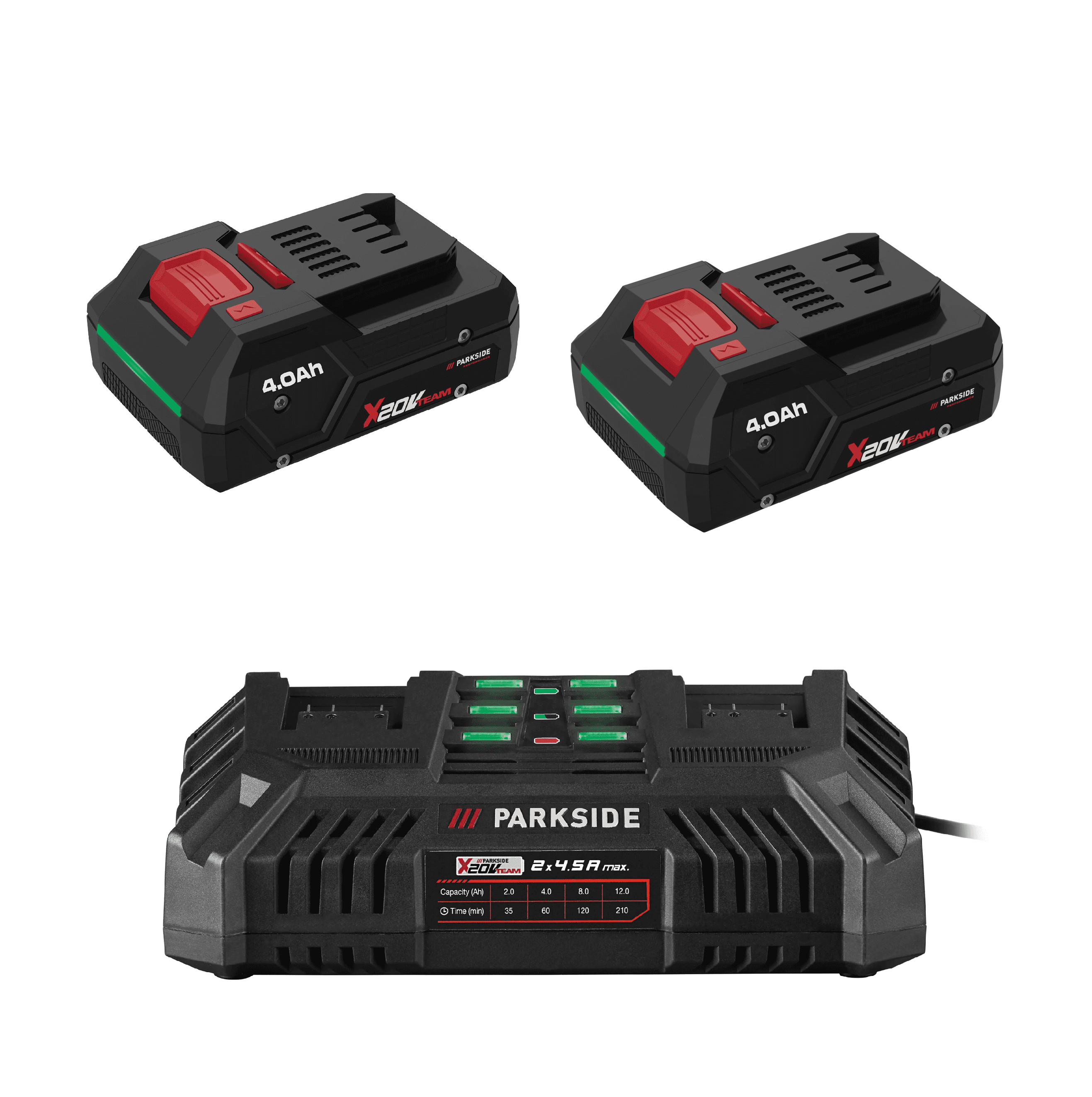 PARKSIDE PERFORMANCE® Smart akumulátor 20 V/4 Ah PAPP 204 A1, 2 kusy + Dvojitá nabíjačka na akumulátor 20 V/4,5 A 1