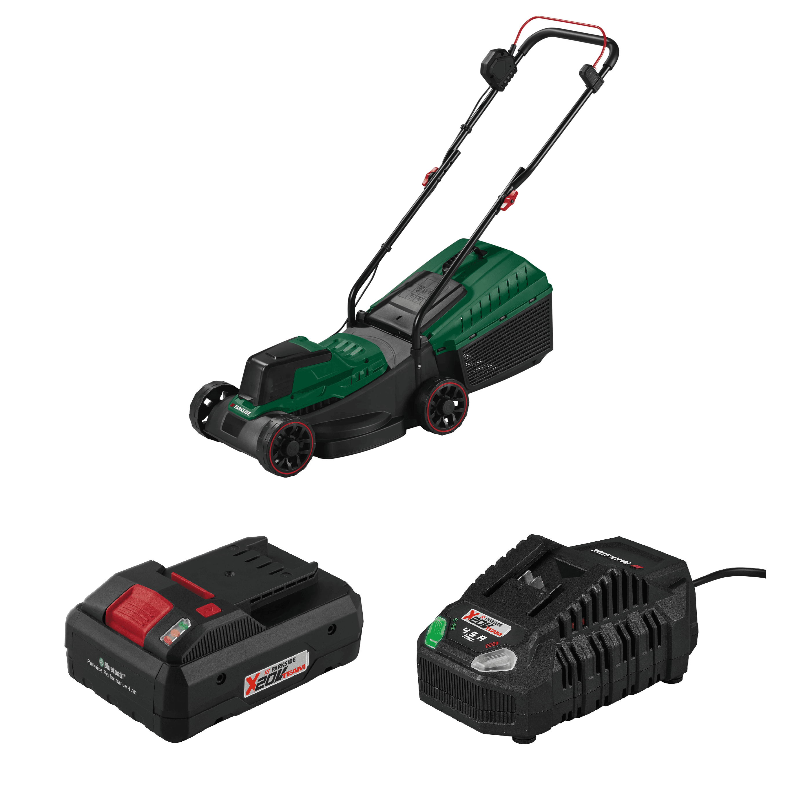 PARKSIDE® Aku kosačka na trávu 20 V PARM 20 A1 + Smart akumulátor 20 V/4 Ah + Rýchlonabíjačka akumulátora 20 V/4,5 A