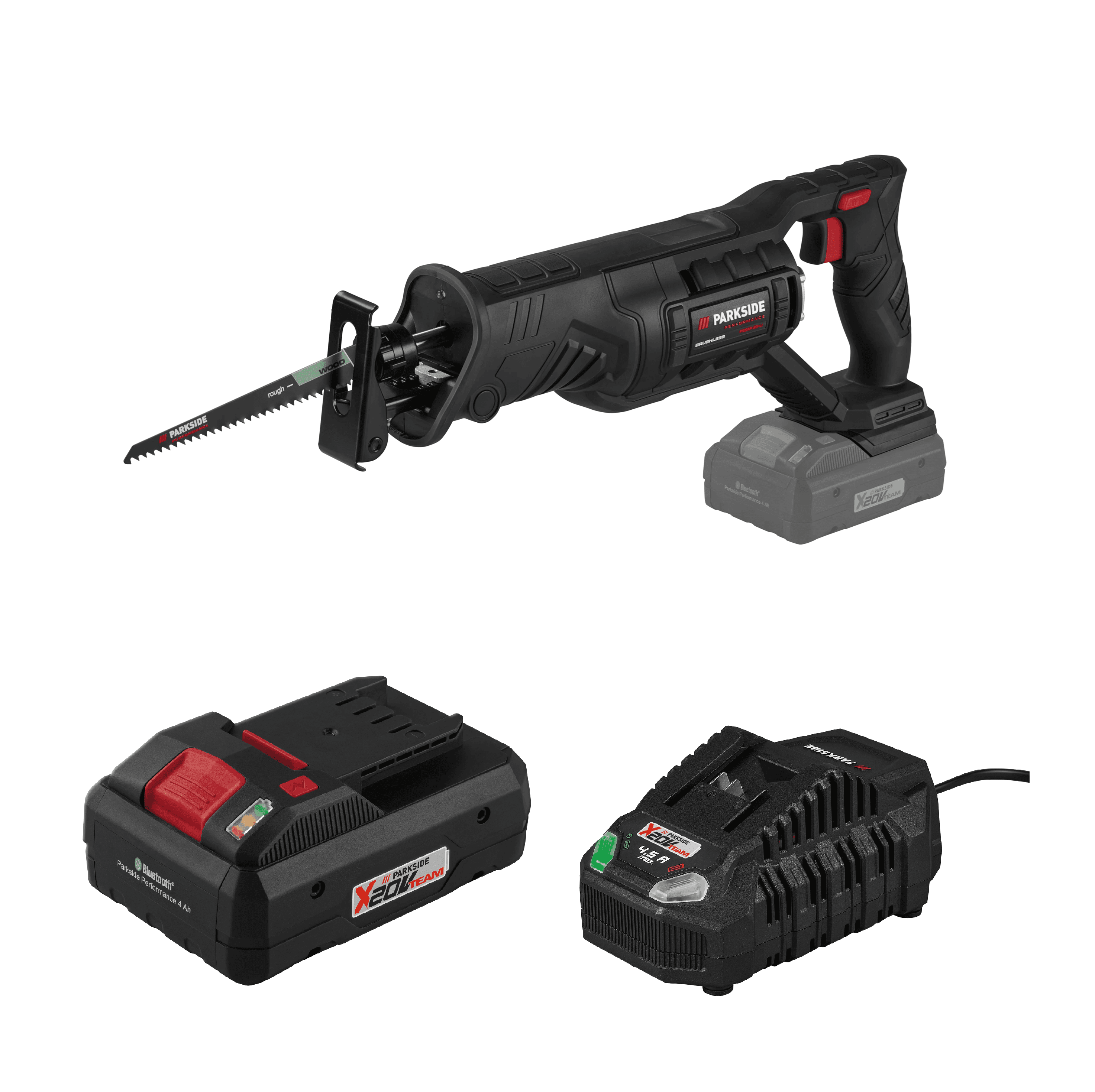 PARKSIDE PERFORMANCE® Aku chvostová píla 20 V PSSAP 20-Li E6 + Smart akumulátor 20 V/4 Ah + Rýchlonabíjačka akumulátora 20 V/4,5 A 1