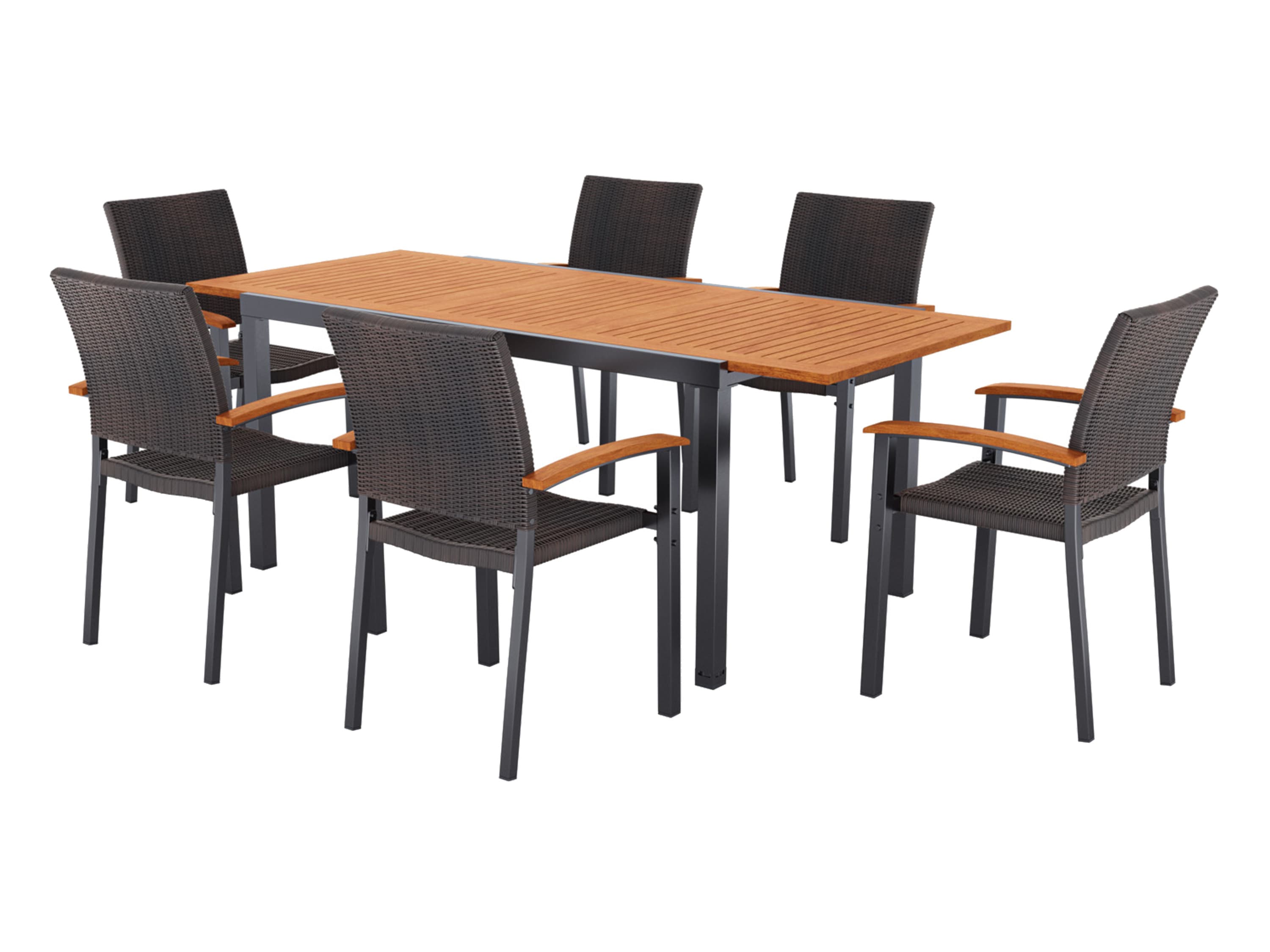 LIVARNO® Hliníkový rozkladací záhradný stôl Valencia, hnedý + Stohovateľná stolička Valencia, hnedá, 6 kusov