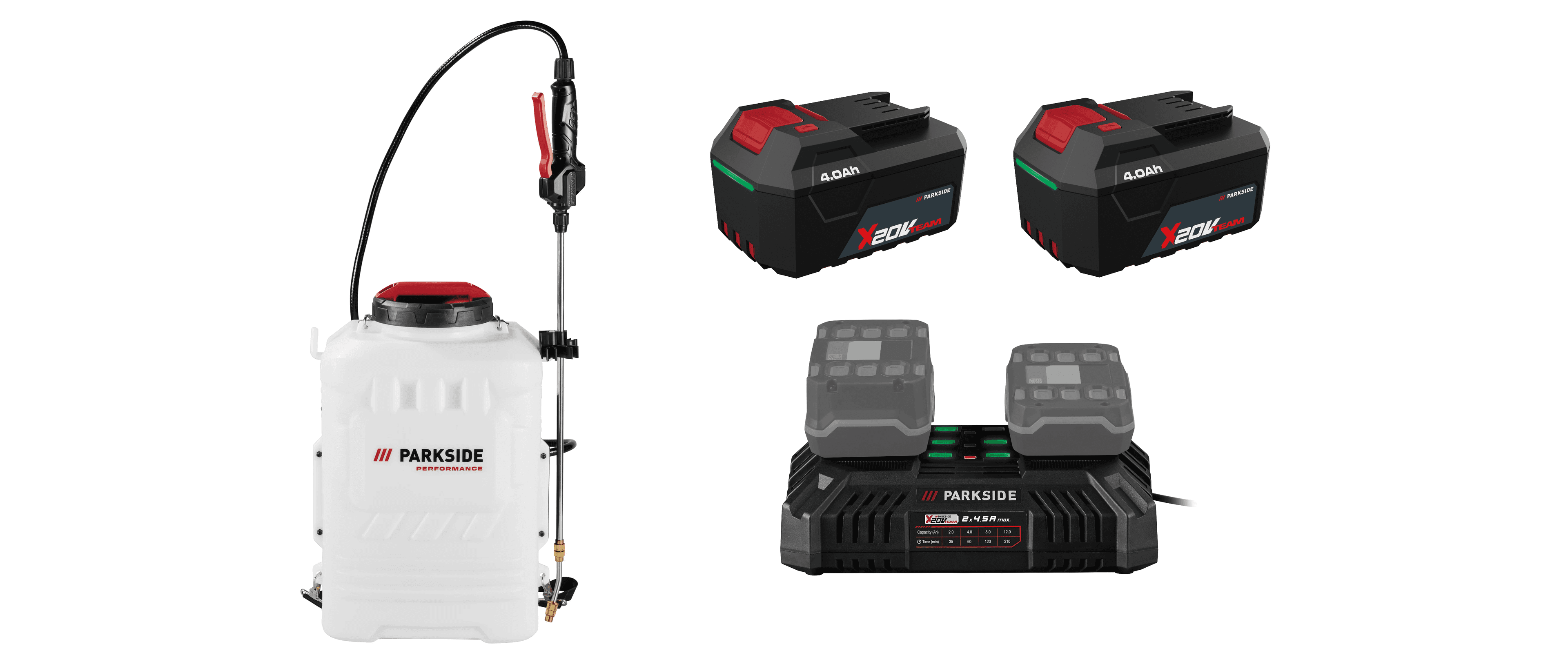 PARKSIDE PERFORMANCE® Aku tlakový postrekovač na chrbát 20 V PPARDS 16 D3 + Akumulátor 20 V/4 Ah, 2 kusy + Dvojitá nabíjačka 20 V/4,5 A