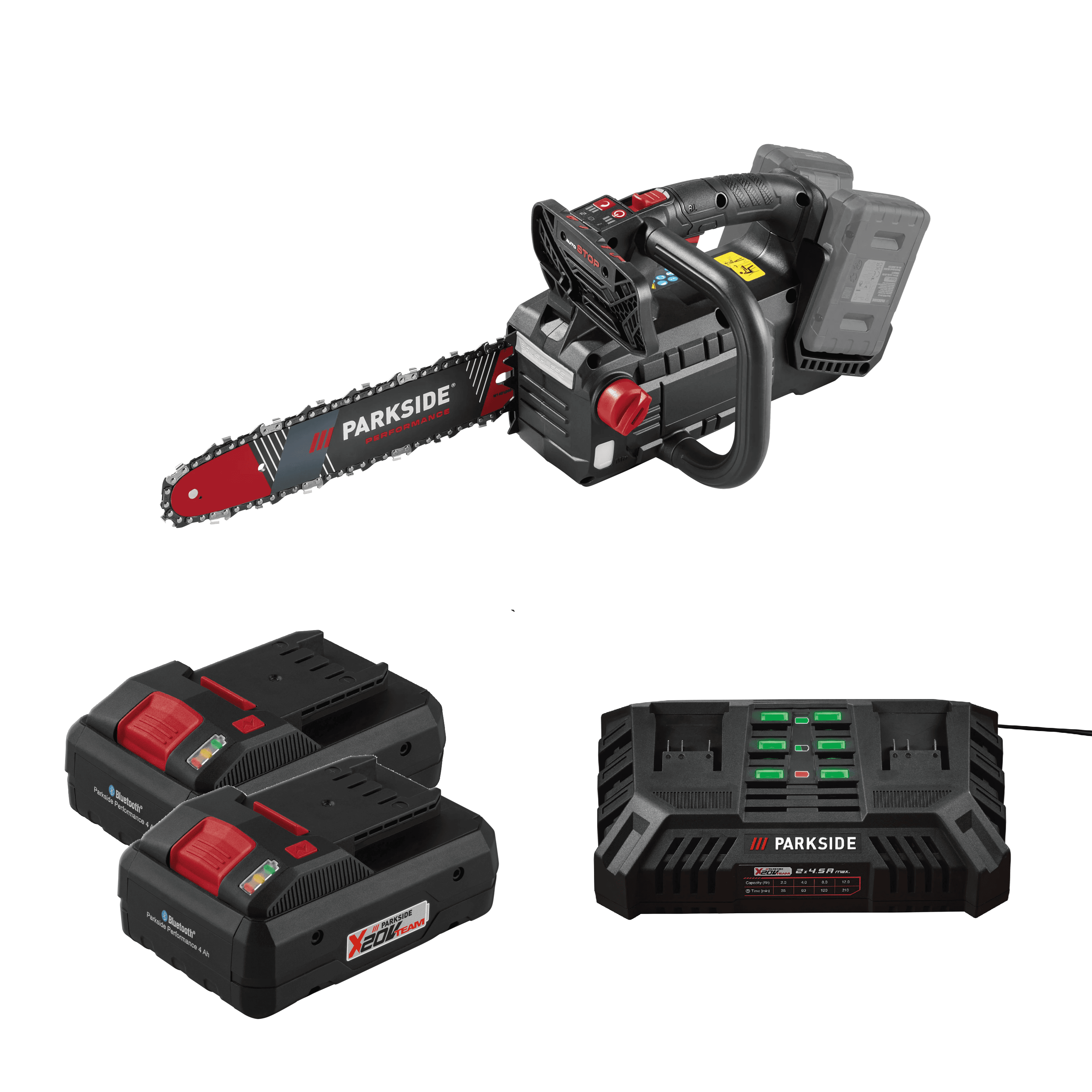 PARKSIDE PERFORMANCE® Aku prerezávacia píla 40 V + Smart akumulátor 20 V/4 Ah, 2 kusy + Dvojitá nabíjačka na akumulátor 20 V/4,5 A