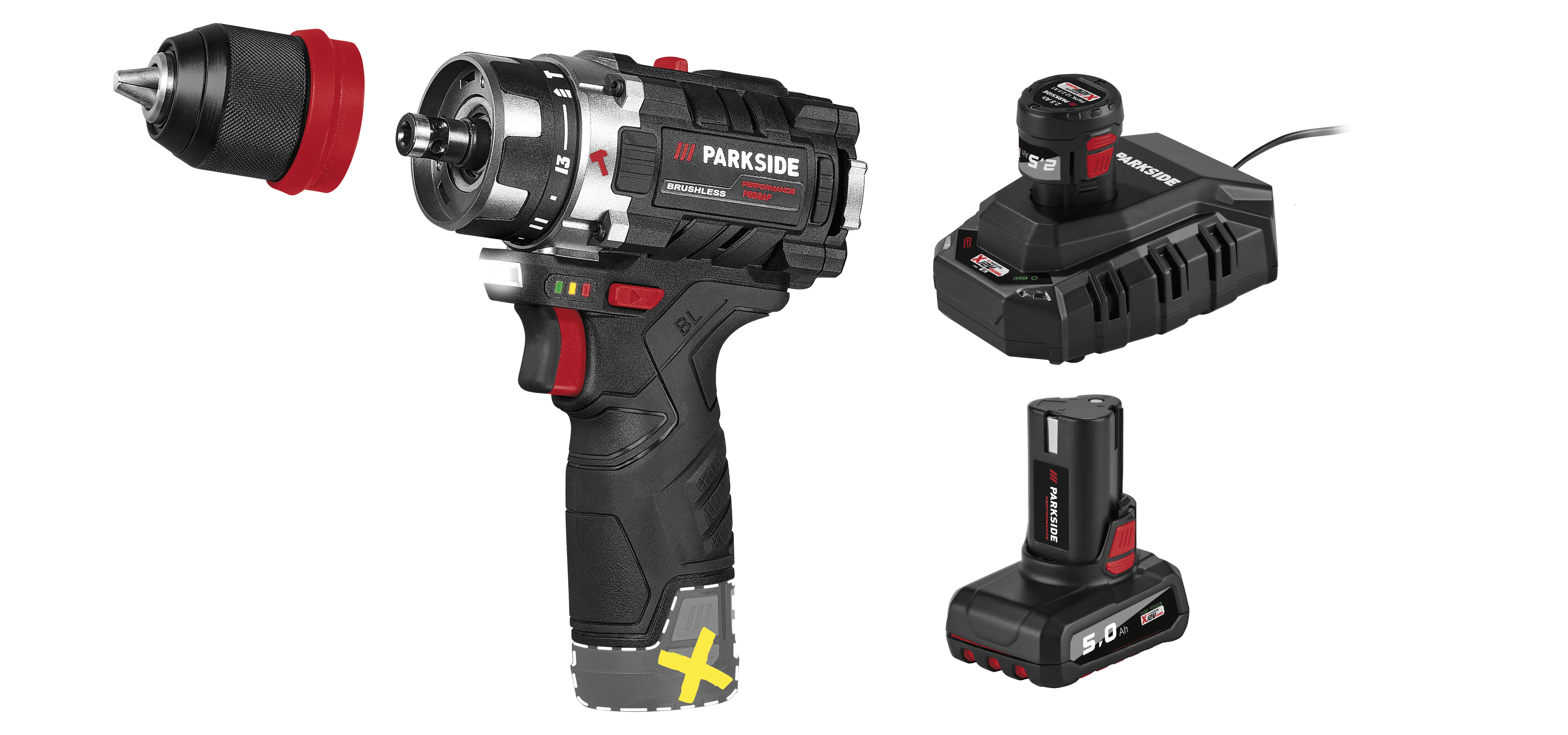 PARKSIDE PERFORMANCE® Aku príklepová vŕtačka 12 V PSBSAP 12 A1 + Akumulátor 12 V/2,5 Ah + Nabíjačka 6 A PLGK 12 6.0 B1 + Akumulátor 12 V/5 Ah