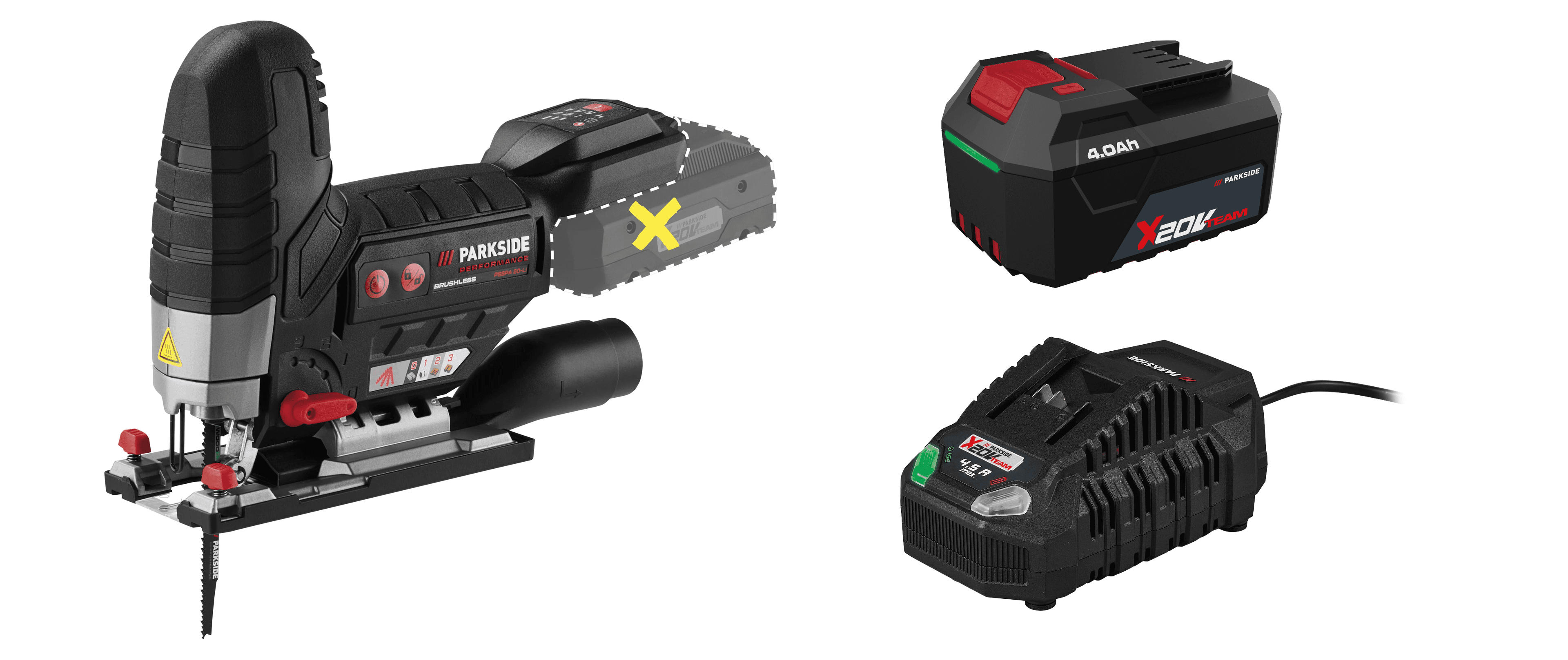 PARKSIDE® Aku priamočiara píla 20 V PSSPA 20-Li F4 + Akumulátor 20 V/4 Ah PAP 204 A1 + Rýchlonabíjačka 20 V/4,5 A PLG 20 C3