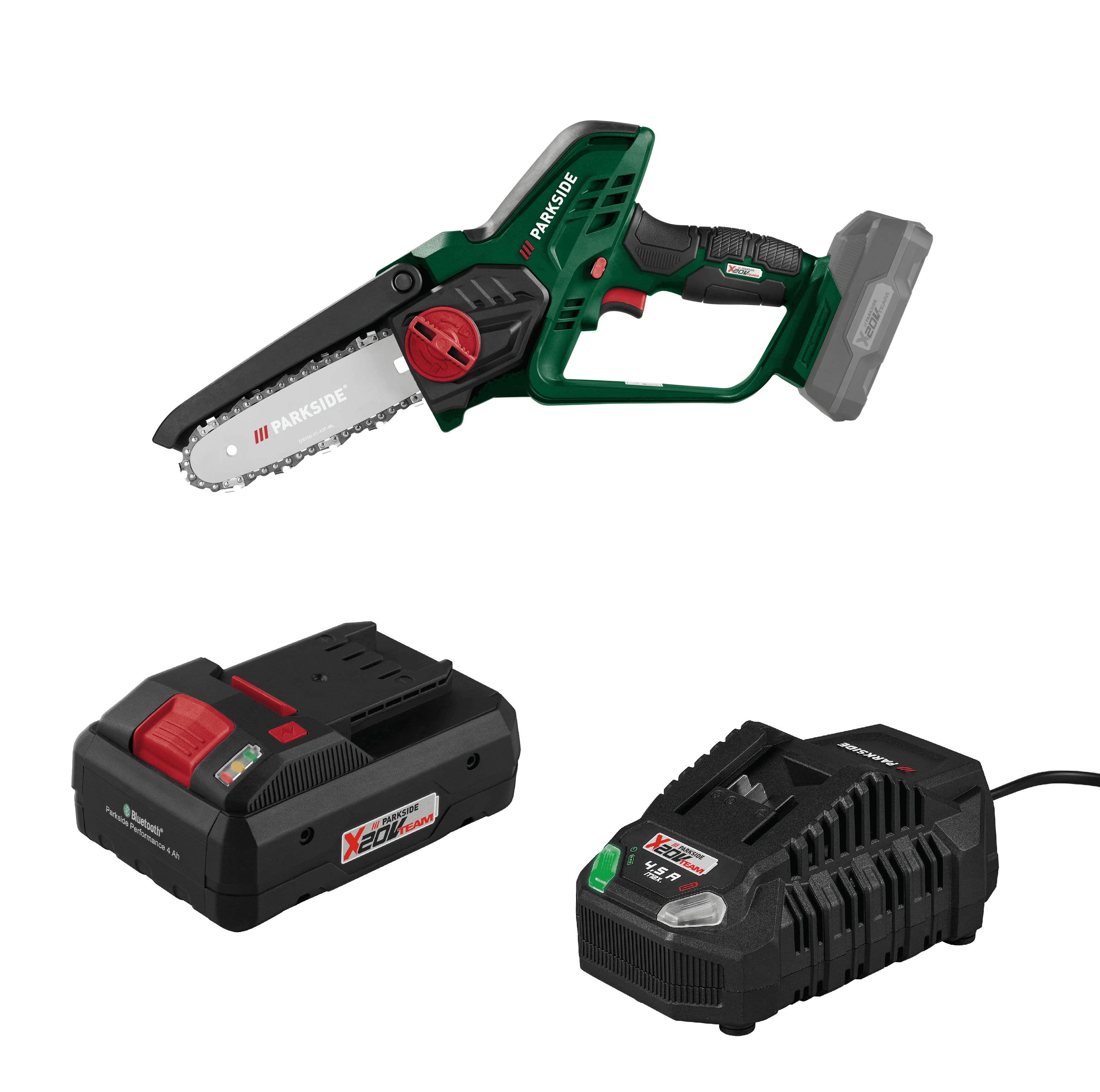 PARKSIDE® Aku reťazová píla PAGHS 20-Li C4 + Smart akumulátor 20 V/4 Ah + Rýchlonabíjačka akumulátora 20 V/4,5 A