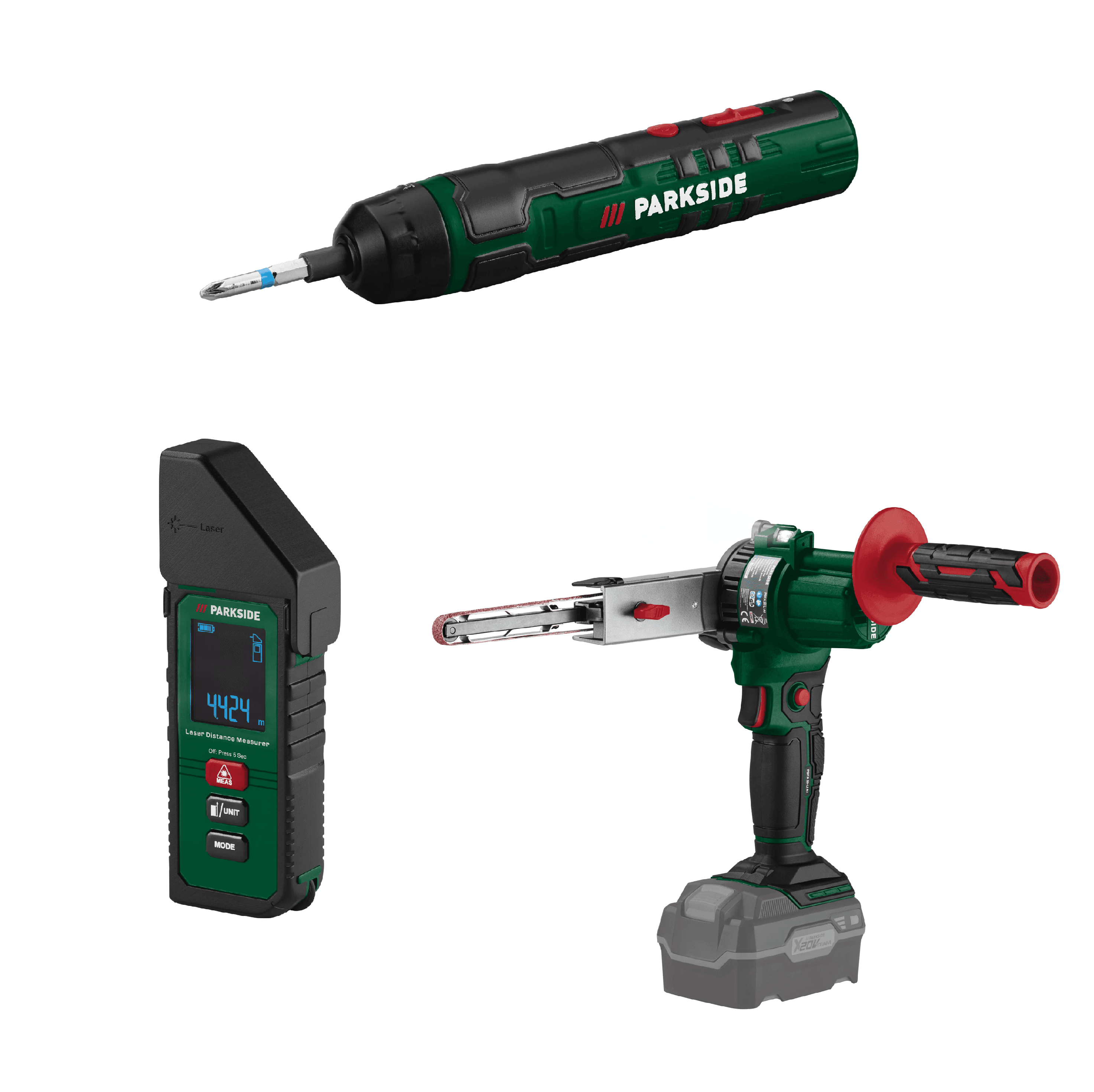 PARKSIDE® Aku skrutkovač 4 V + Laserový merač vzdialenosti + Aku pásový pilník 20 V – bez akumulátora