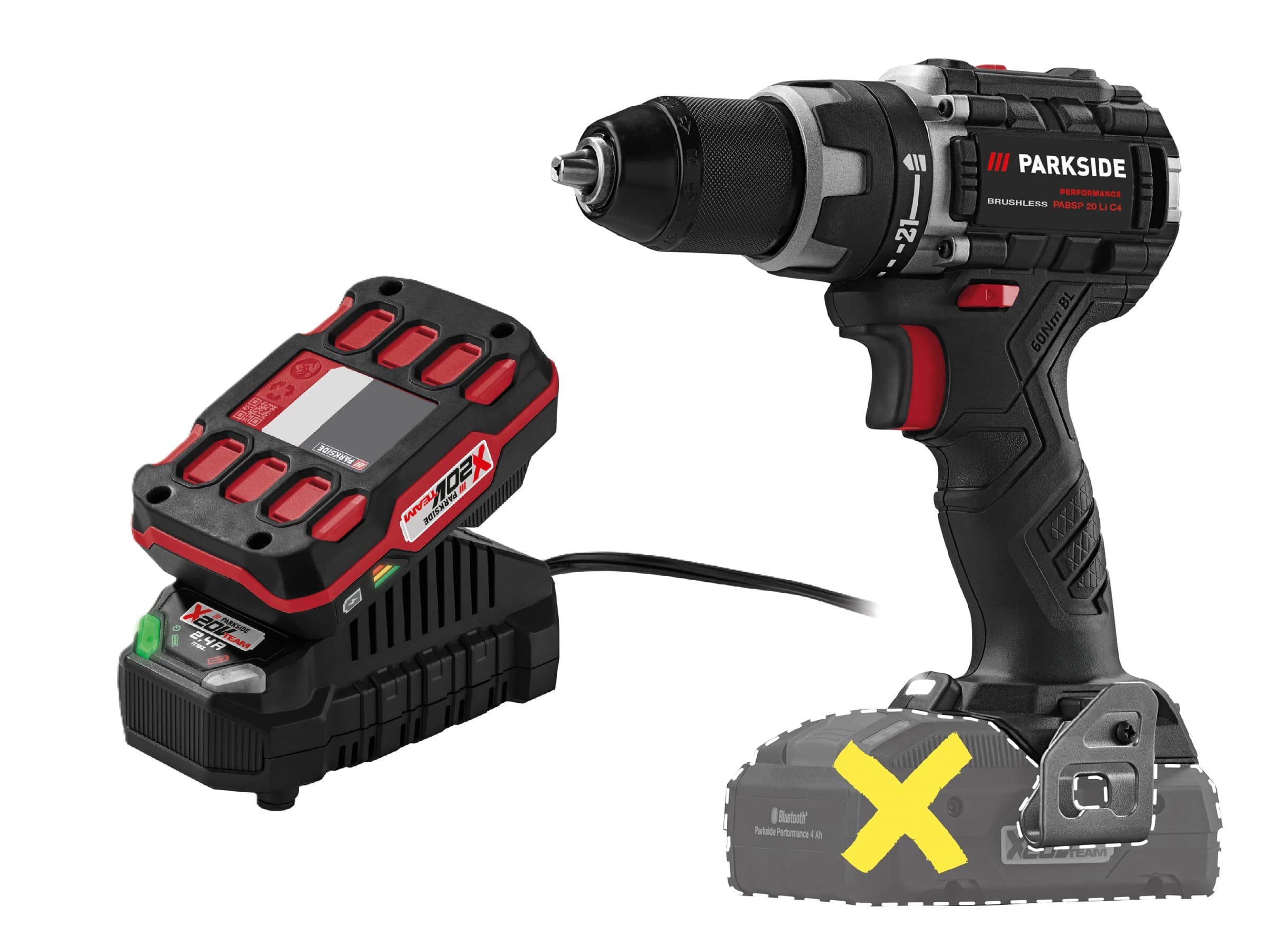 PARKSIDE PERFORMANCE® Aku vŕtací skrutkovač 20 V PABSP 20 Li C4 + Akumulátor 20 V 2 Ah PAP 20 B1 + Nabíjačka 20 V 2,4 A