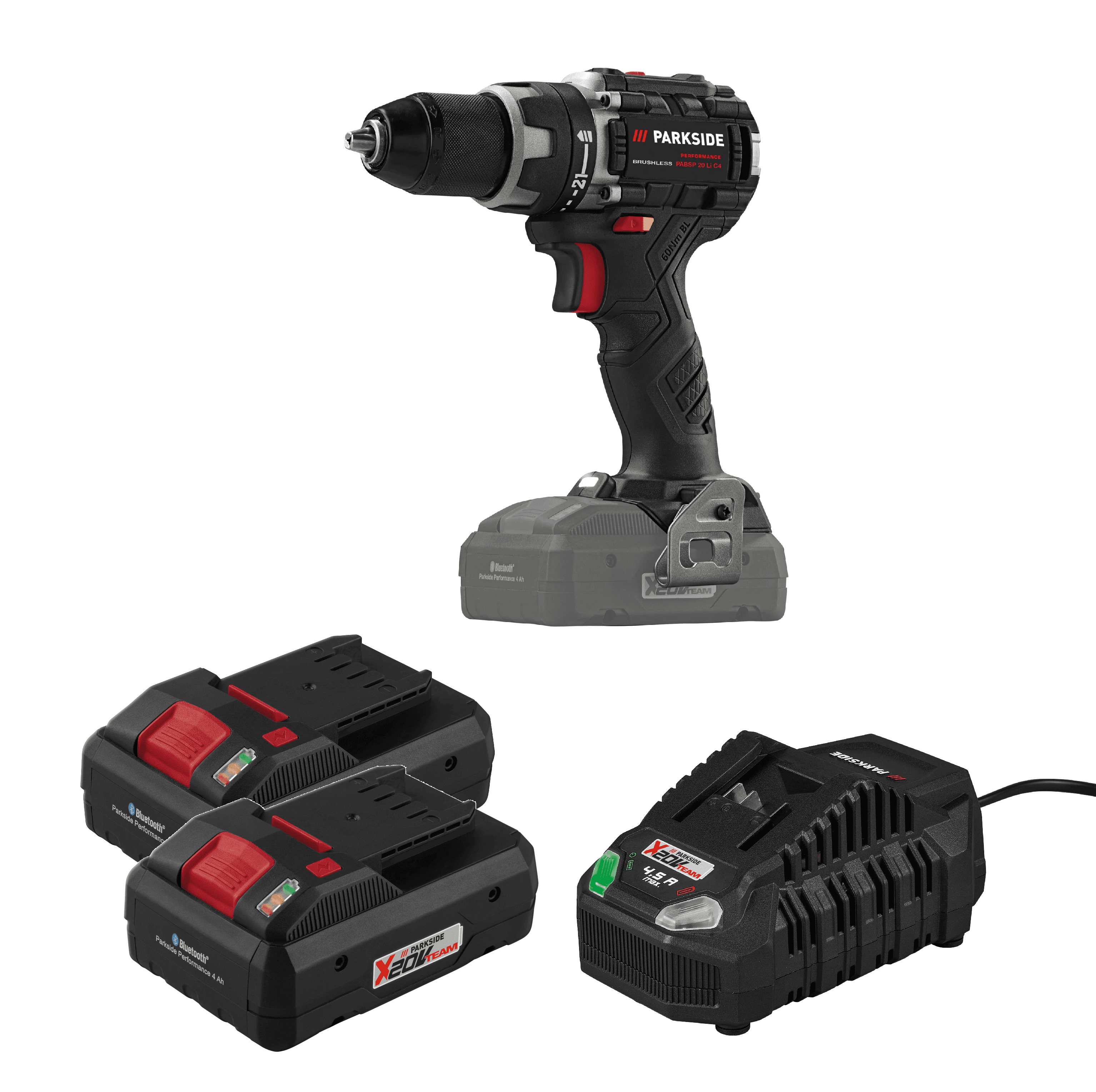 PARKSIDE PERFORMANCE® Aku vŕtací skrutkovač 20 V PABSP 20 Li C4 + Smart akumulátor 20 V/4 Ah, 2 kusy + Rýchlonabíjačka akumulátora 20 V/4,5 A
