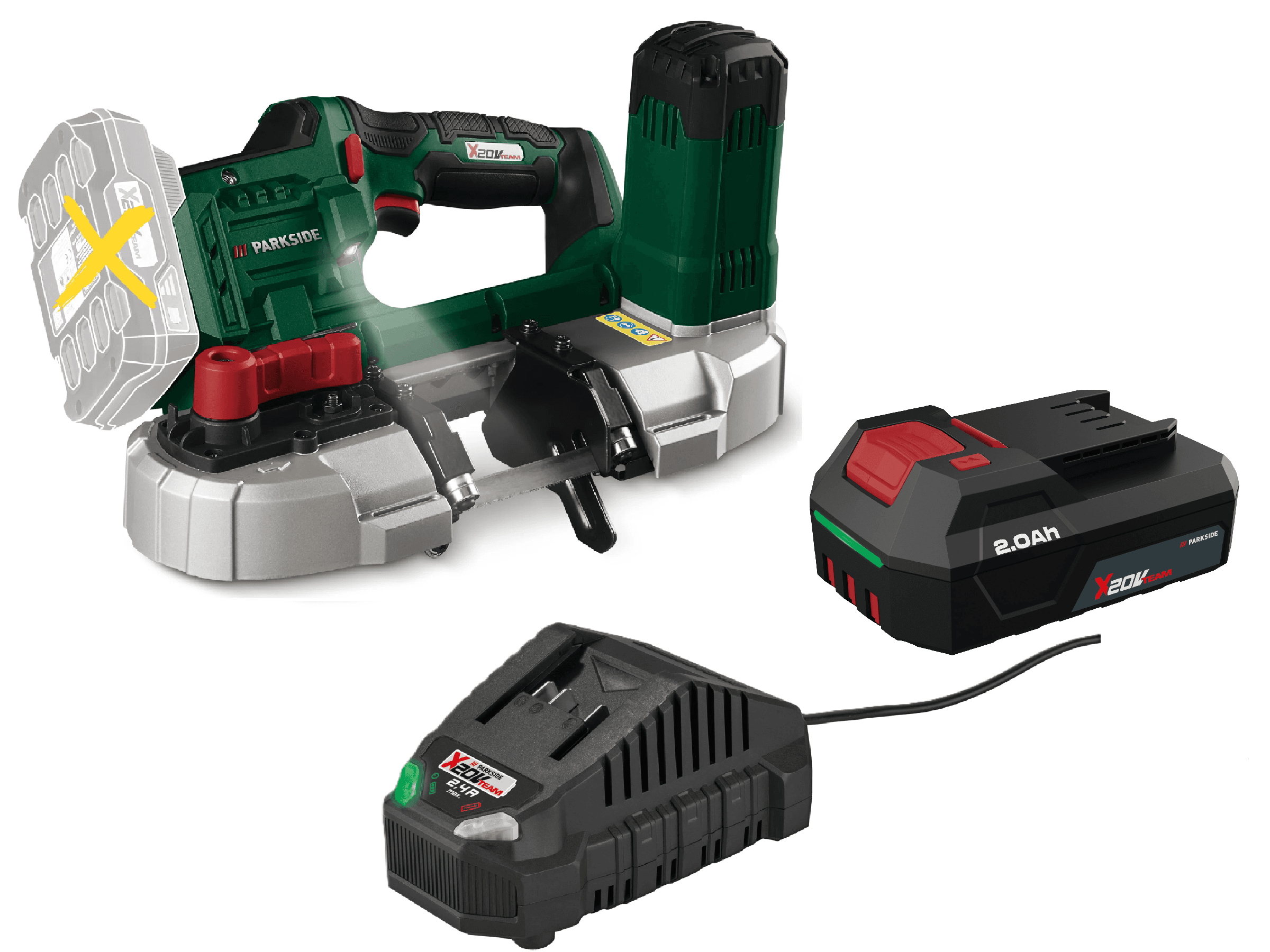 PARKSIDE® Aku pásová píla 20 V PMBA 20-Li A1 + Akumulátor 20 V/2 Ah + Nabíjačka 20 V/2,4 A 1