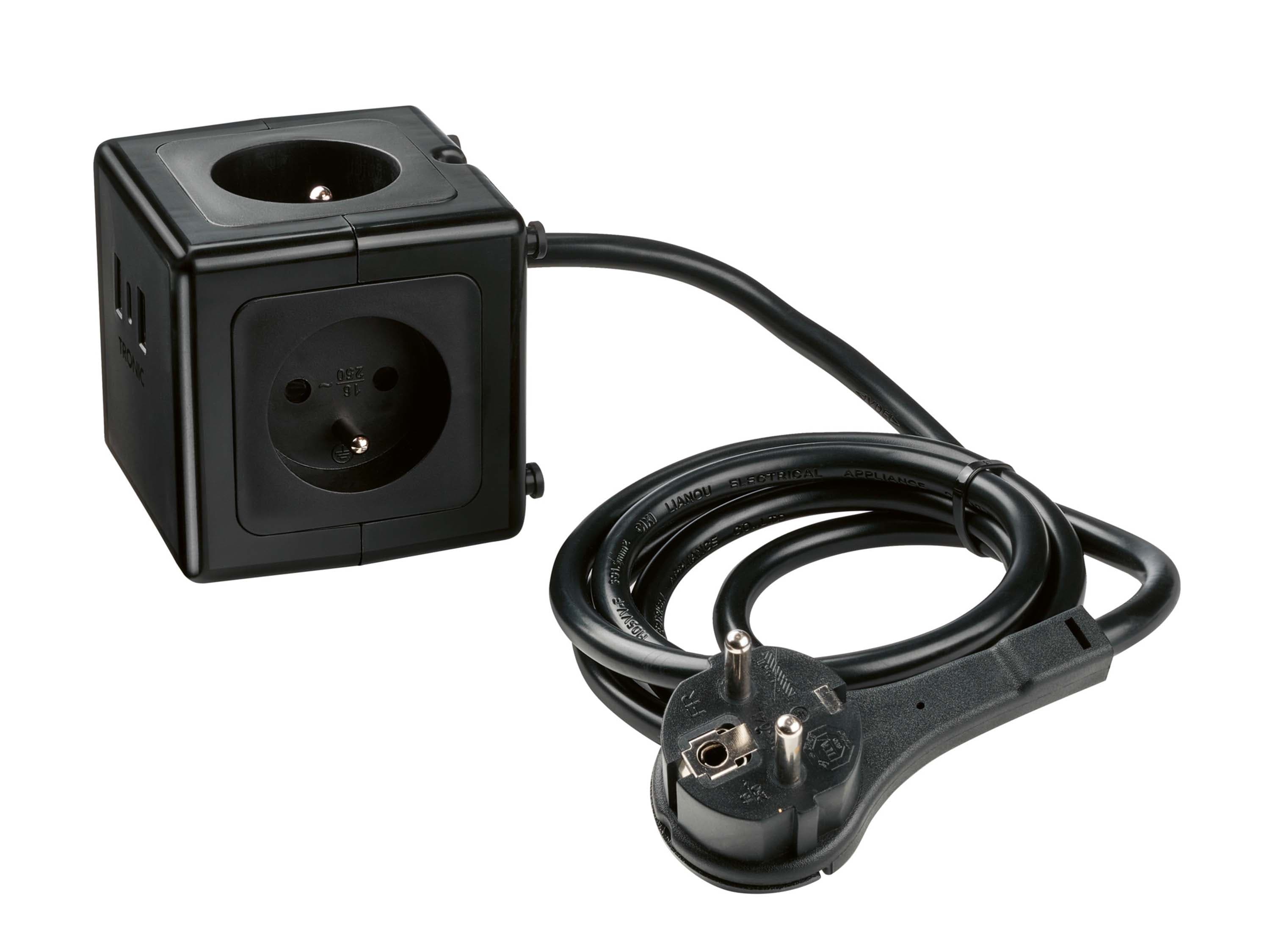 TRONIC® Zásuvková kocka s USB prípojkami (čierna)