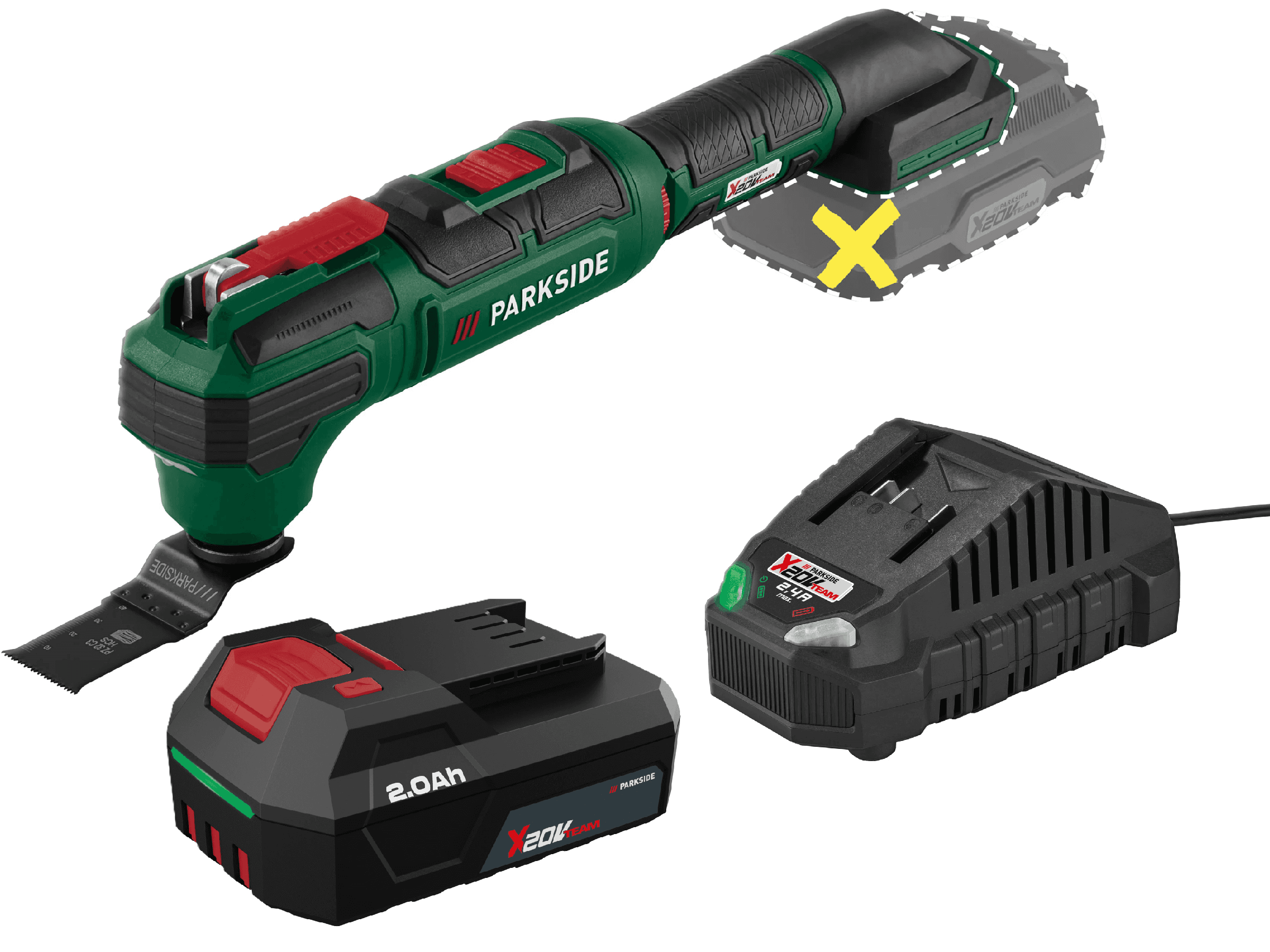 PARKSIDE® Aku multifunkčné náradie 20 V + Akumulátor 20 V/2 Ah + Nabíjačka 20 V/2,4 A 1