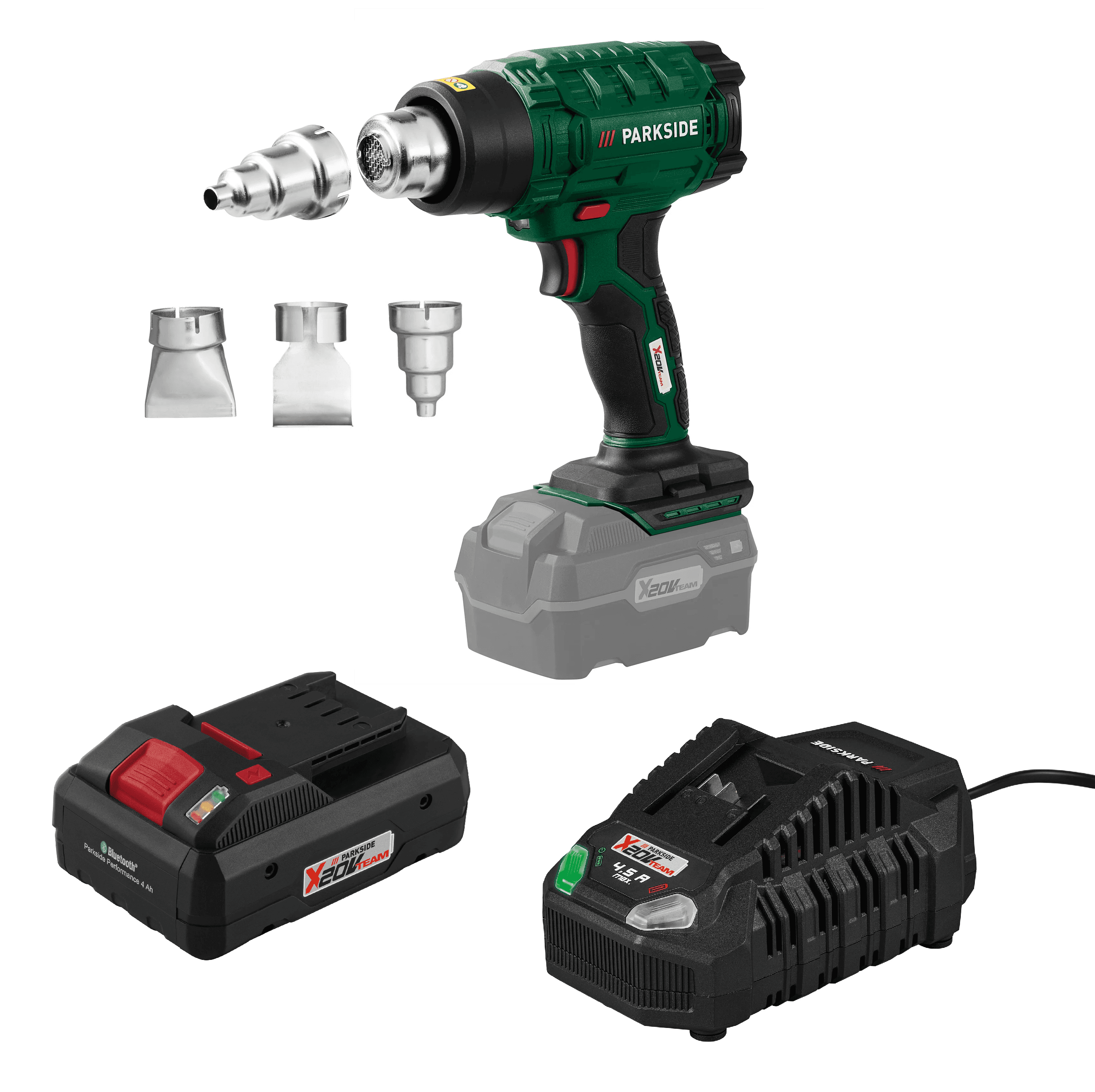 PARKSIDE® Aku teplovzdušná pištoľ PHLGA 20-Li C2 + Smart akumulátor 20 V/4 Ah + Rýchlonabíjačka akumulátora 20 V/4,5 A