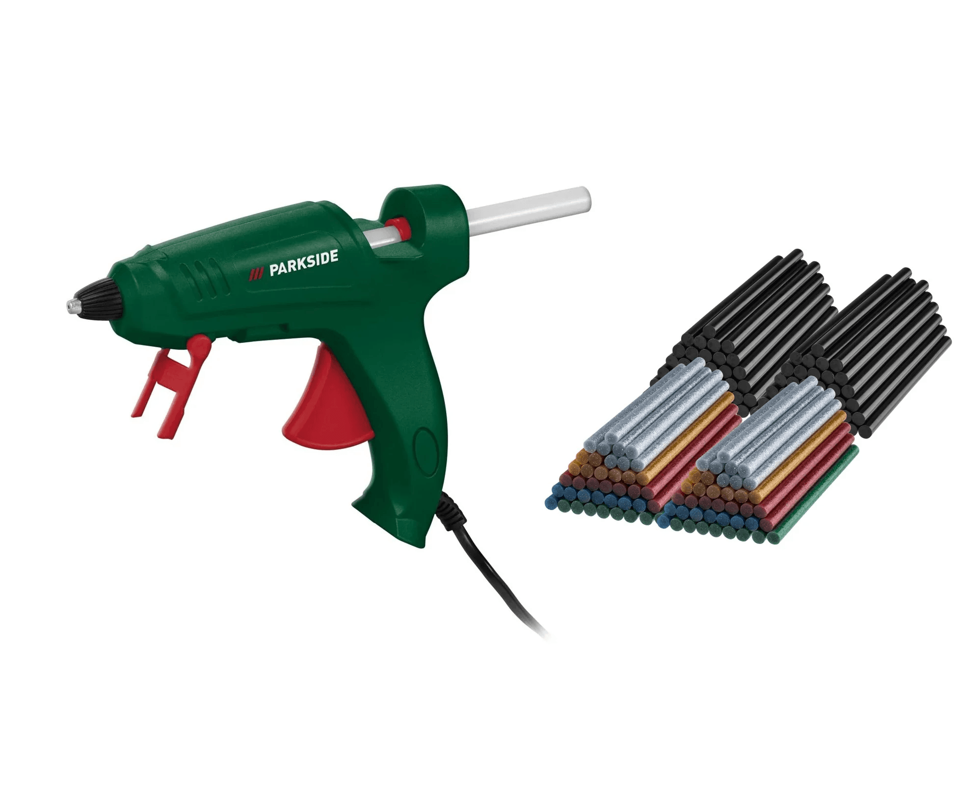 PARKSIDE® Tavná lepiaca pištoľ + Lepiace tyčinky, trblietavé, 80 kusov + Lepiace tyčinky, čierne, 80 kusov
