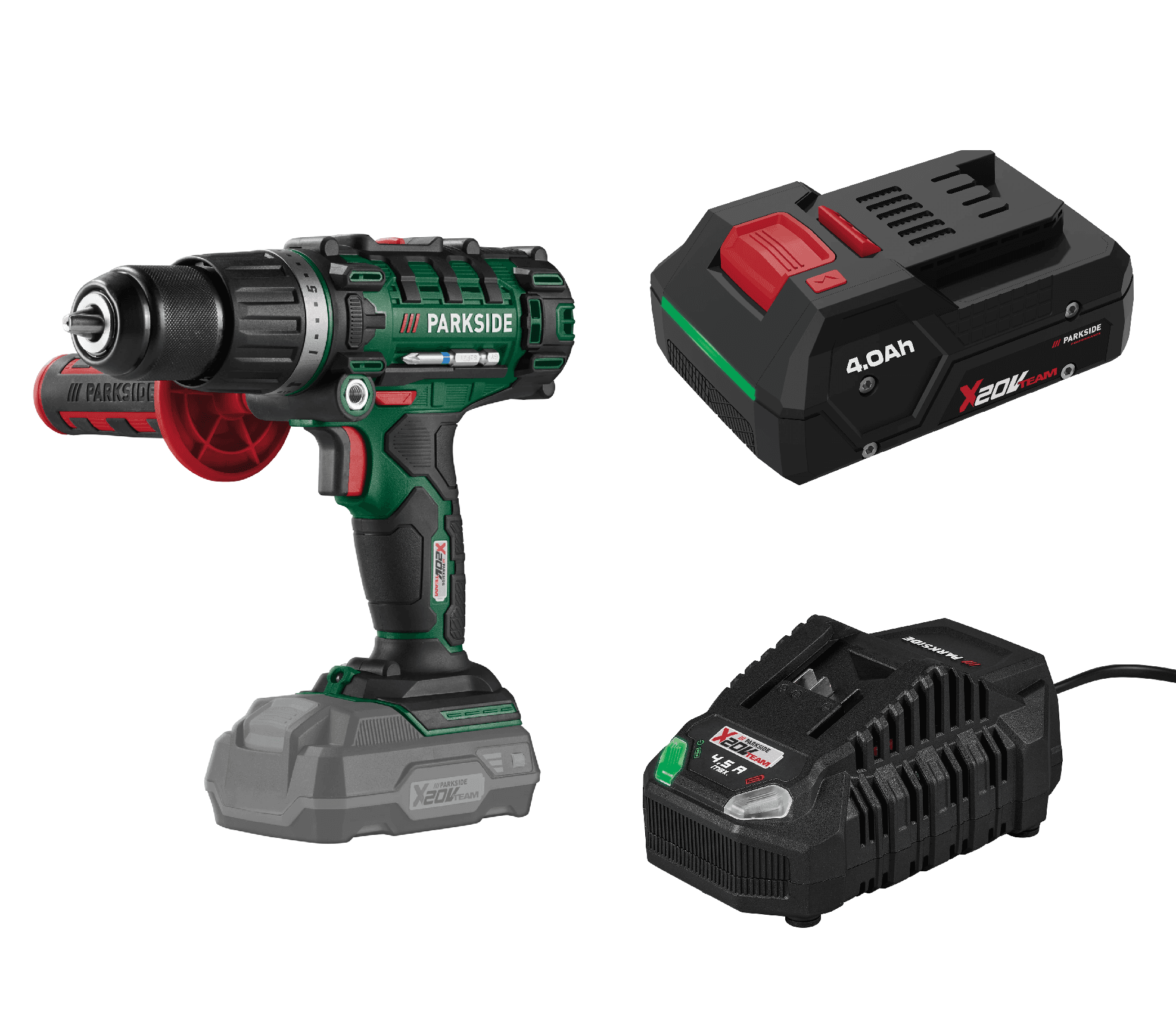 PARKSIDE® Aku príklepový vŕtací skrutkovač PSBSA 20-Li E4 + Rýchlonabíjačka akumulátora 20 V/4,5 A + Smart akumulátor 20 V/4 Ah
