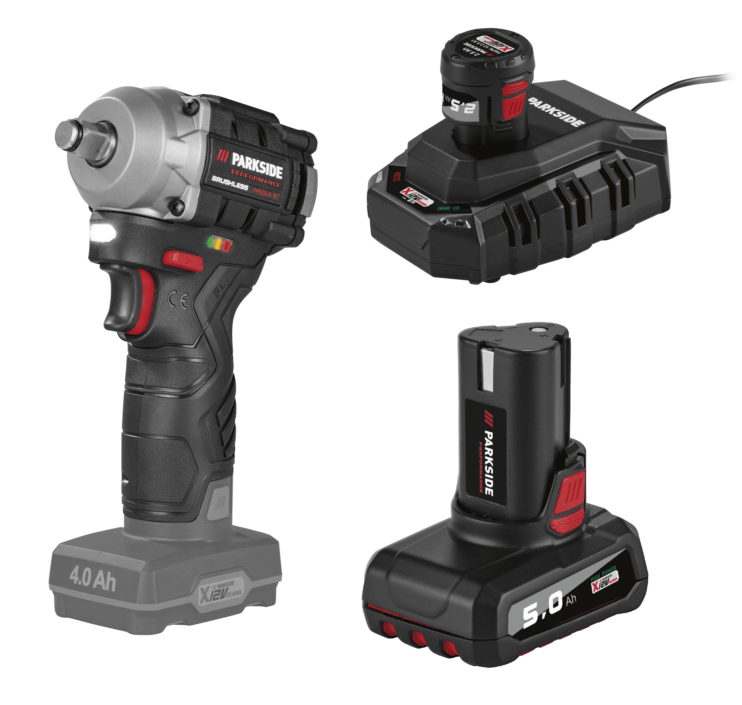 PARKSIDE PERFORMANCE® Aku rázový uťahovák PPDSSA 12 A1 + Akumulátor 12 V/5 Ah + Akumulátor 12 V/2,5 Ah + Nabíjačka 12 V/6 A