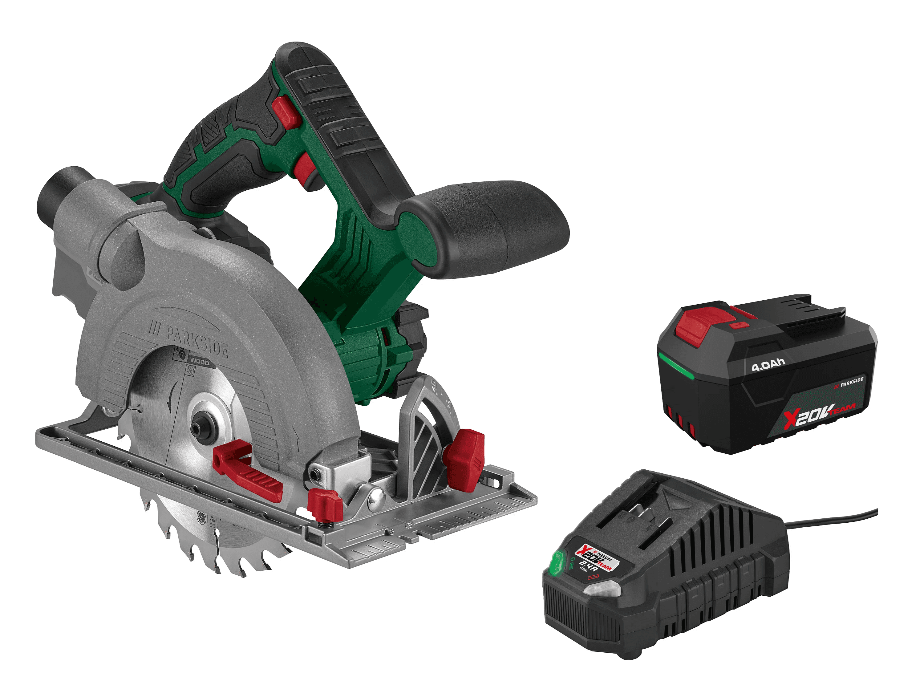 PARKSIDE® Aku ručná kotúčová píla 20 V PHKSA 20-Li C4 + Akumulátor 20 V/4 Ah + Nabíjačka na akumulátor 20 V/2,4 A