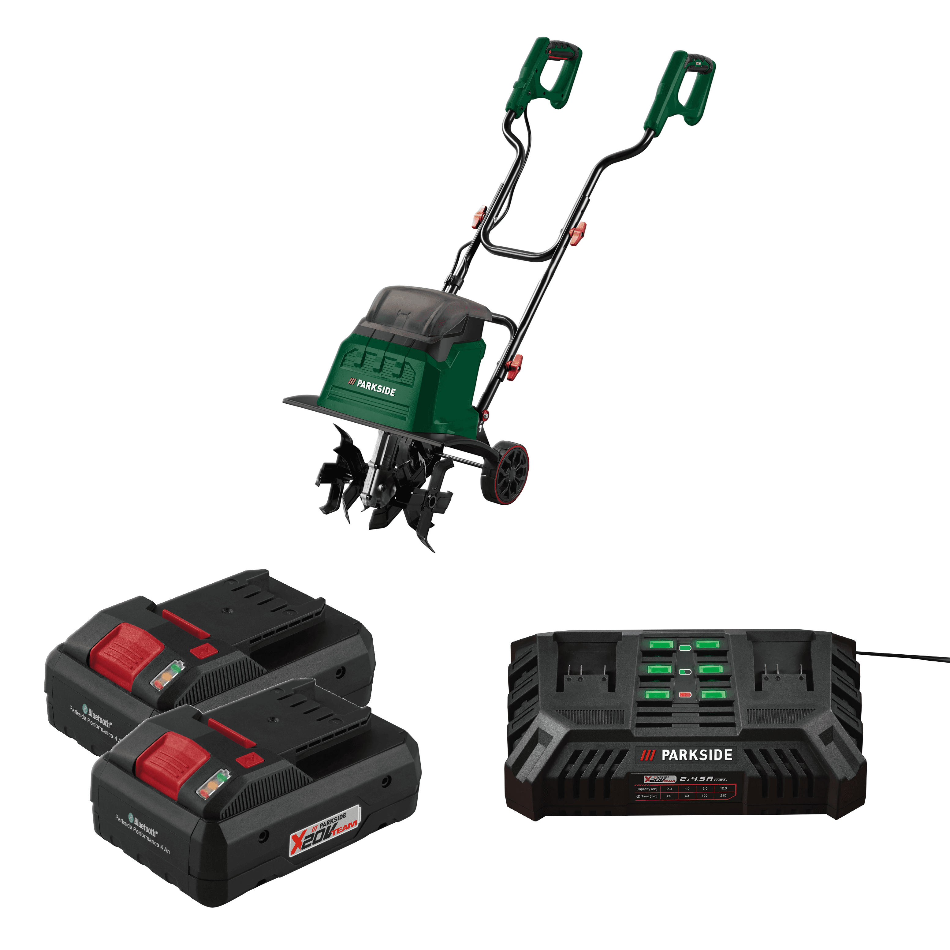 PARKSIDE® Aku kultivátor 40 V PABH B2 + Smart akumulátor 20 V/4 Ah, 2 kusy + Dvojitá nabíjačka na akumulátor 20 V/4,5 A