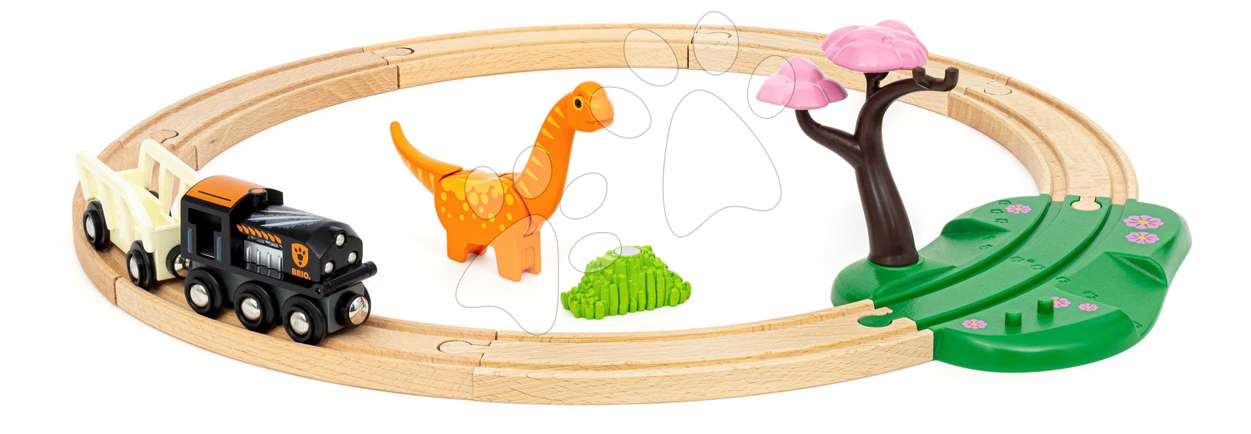 Drevená vláčikodráha Dinosaurus Circle Set BRIO vláčik s vozňom a figúrka dinosaura s magnetom 12 dielov 1