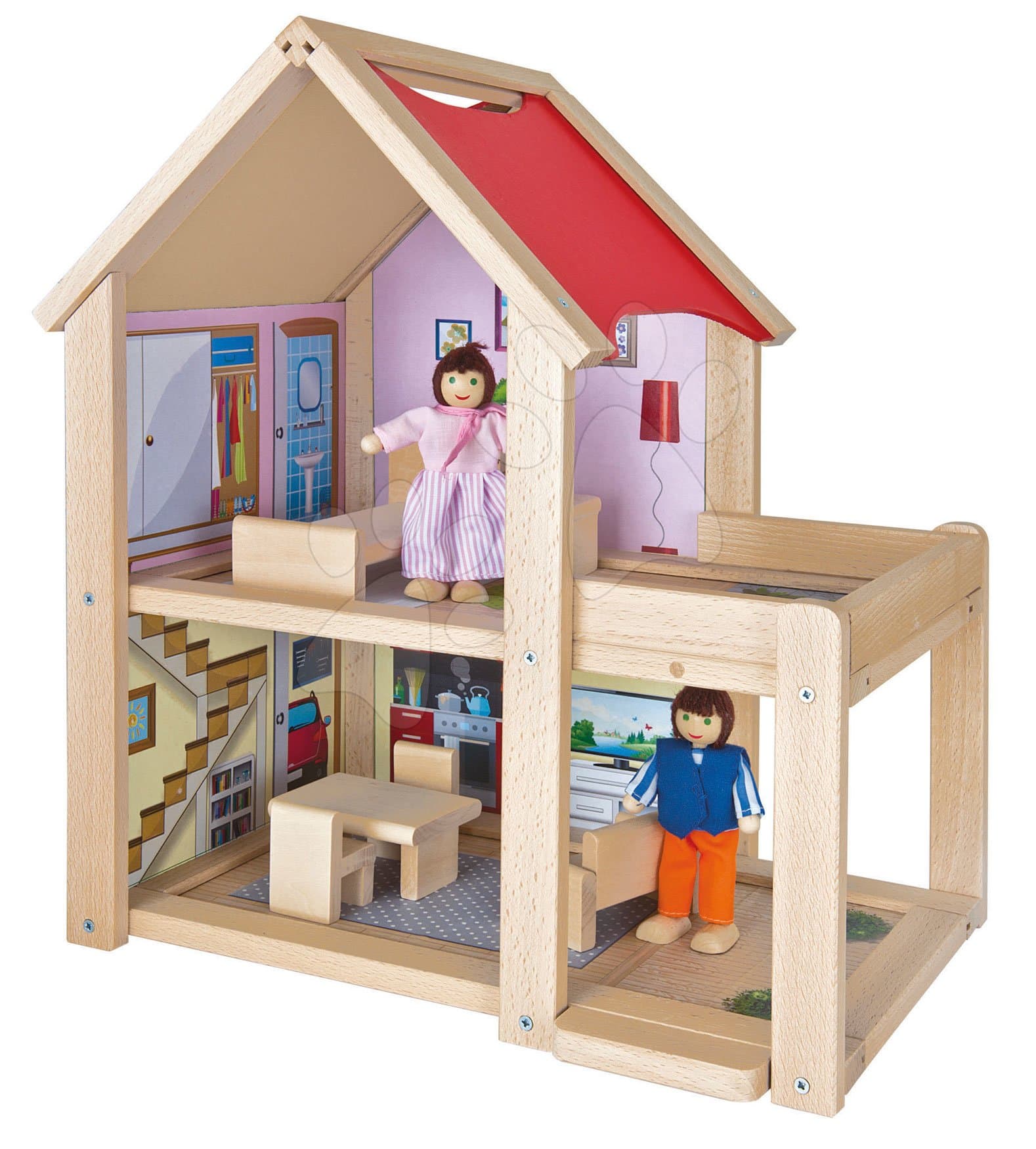 Drevený domček pre bábiky Doll's House Eichhorn komplet vybavený s nábytkom a 2 figúrkami výška 41 cm 1