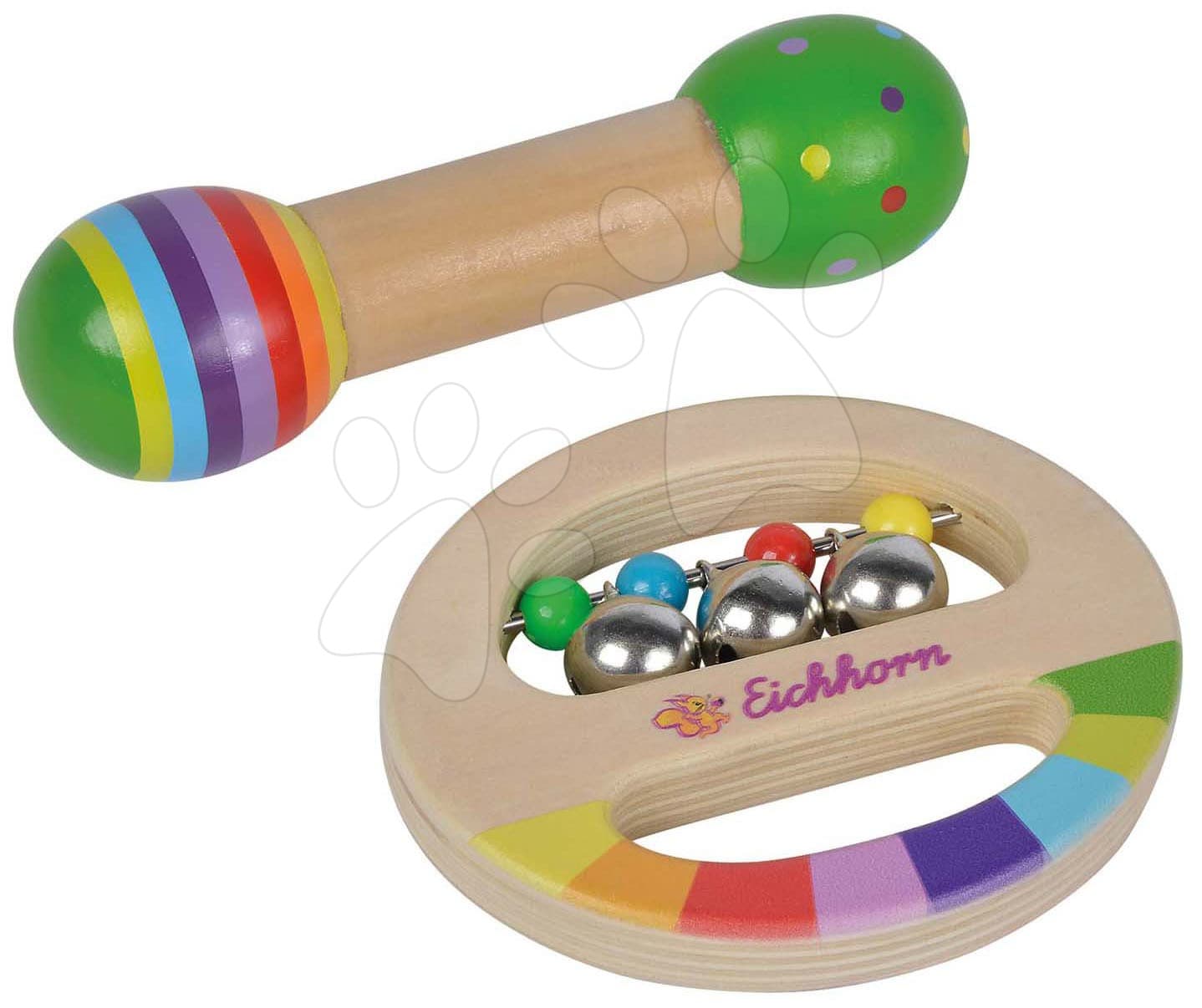 Drevené hudobné nástroje Music Set with Grasping Toy Eichhorn hrkálka so zvončekmi a hudobná palička od 12 mes