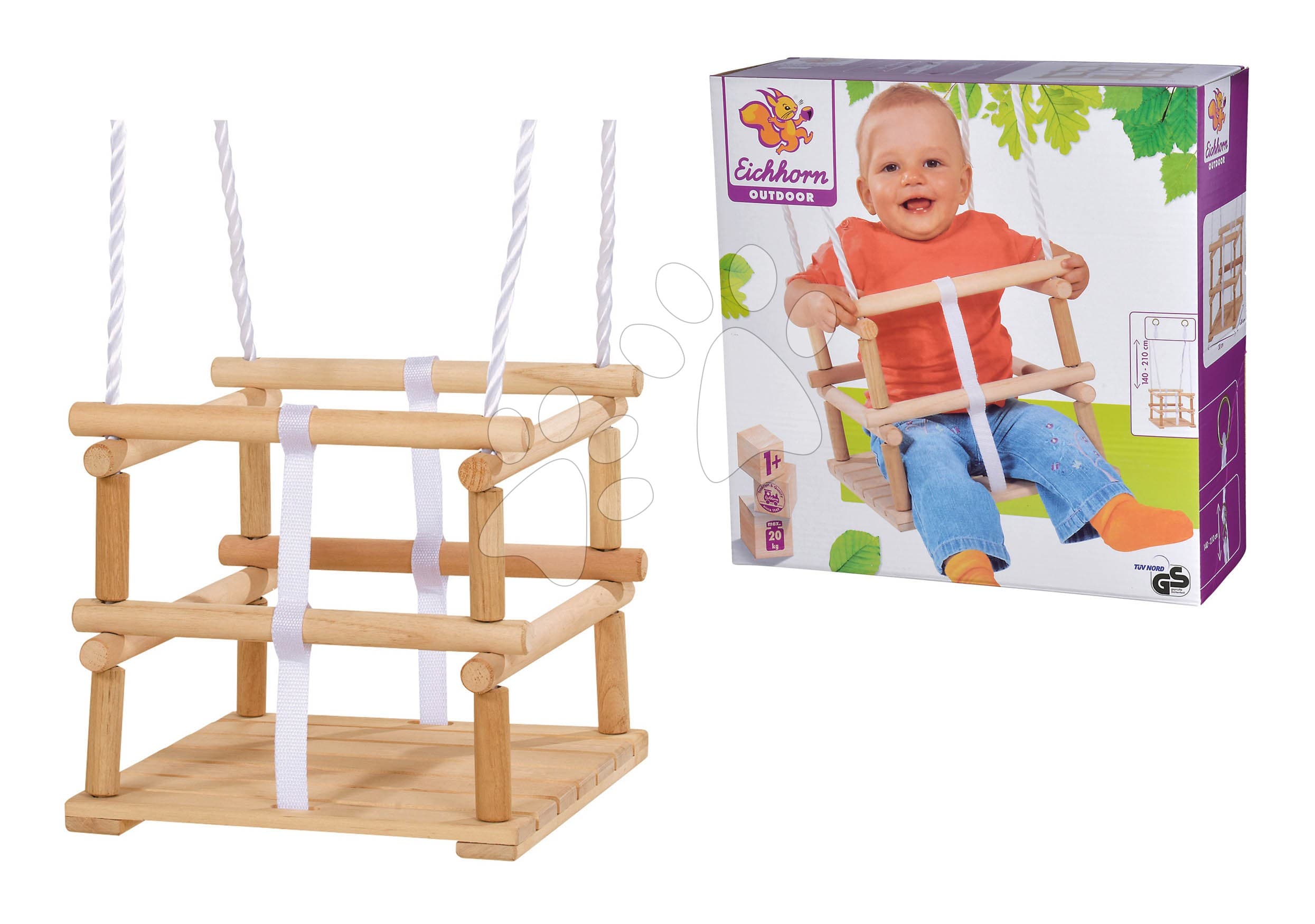 Drevená hojdačka Outdoor Wooden Baby Swing Eichhorn prírodná 140-210 cm dĺžka 30*30 cm sedadlo 20 kg nosnosť od 12 mes 1