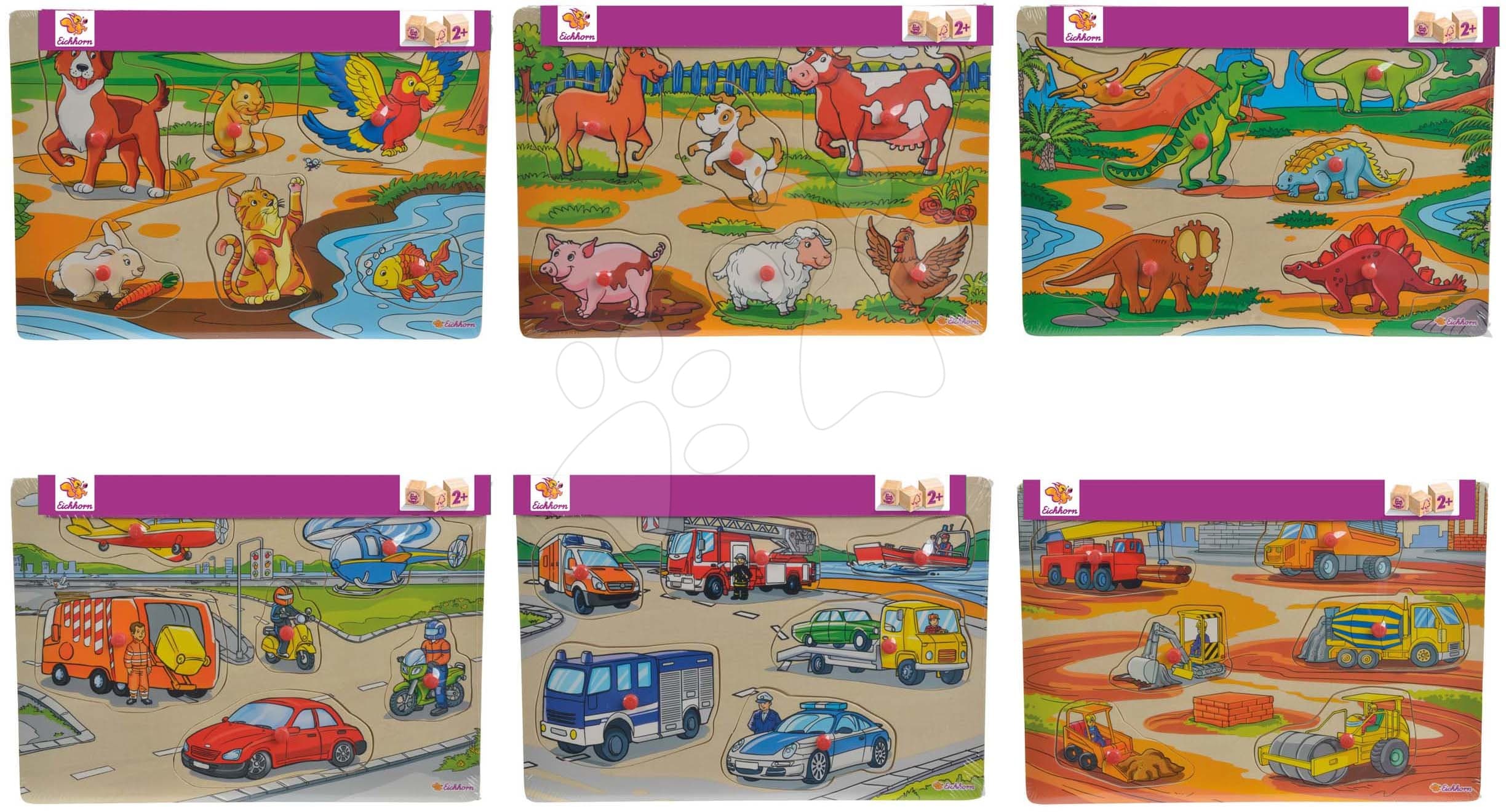 Drevené puzzle Pin Puzzle Eichhorn 6 vkladacích tvarov s obrázkami zvieratká vozidlá od 24 mes