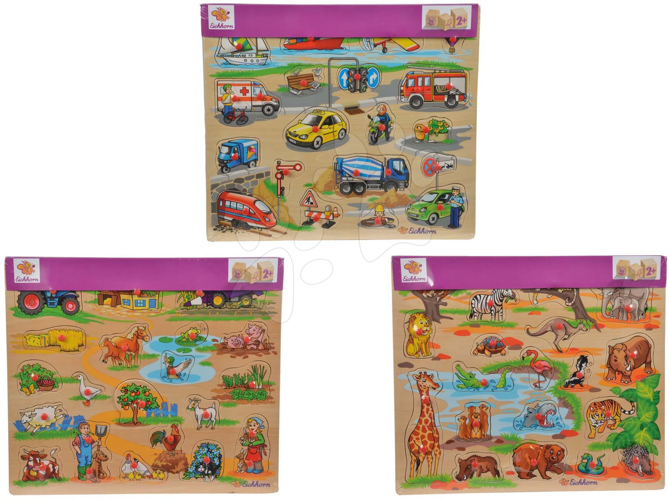 Drevené puzzle Pin Puzzle Eichhorn 21 vkladacích tvarov s obrázkami safari farma dopravné prostriedky od 24 mes