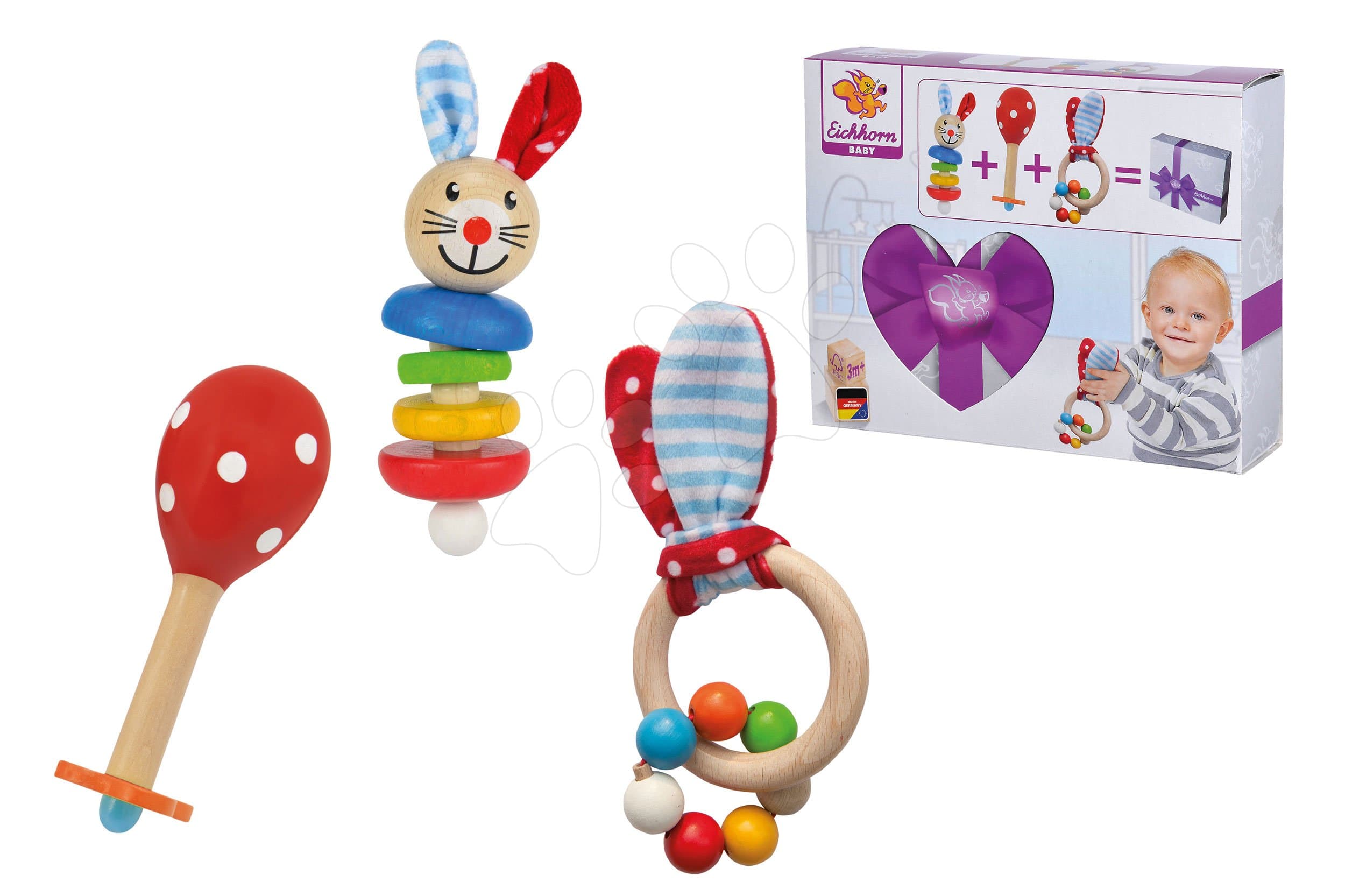 Darčekový set pre novorodenca Rabbit Present Baby Eichhorn hrkálky s plyšovými uškami a rumbaguľa od 0 mes 1