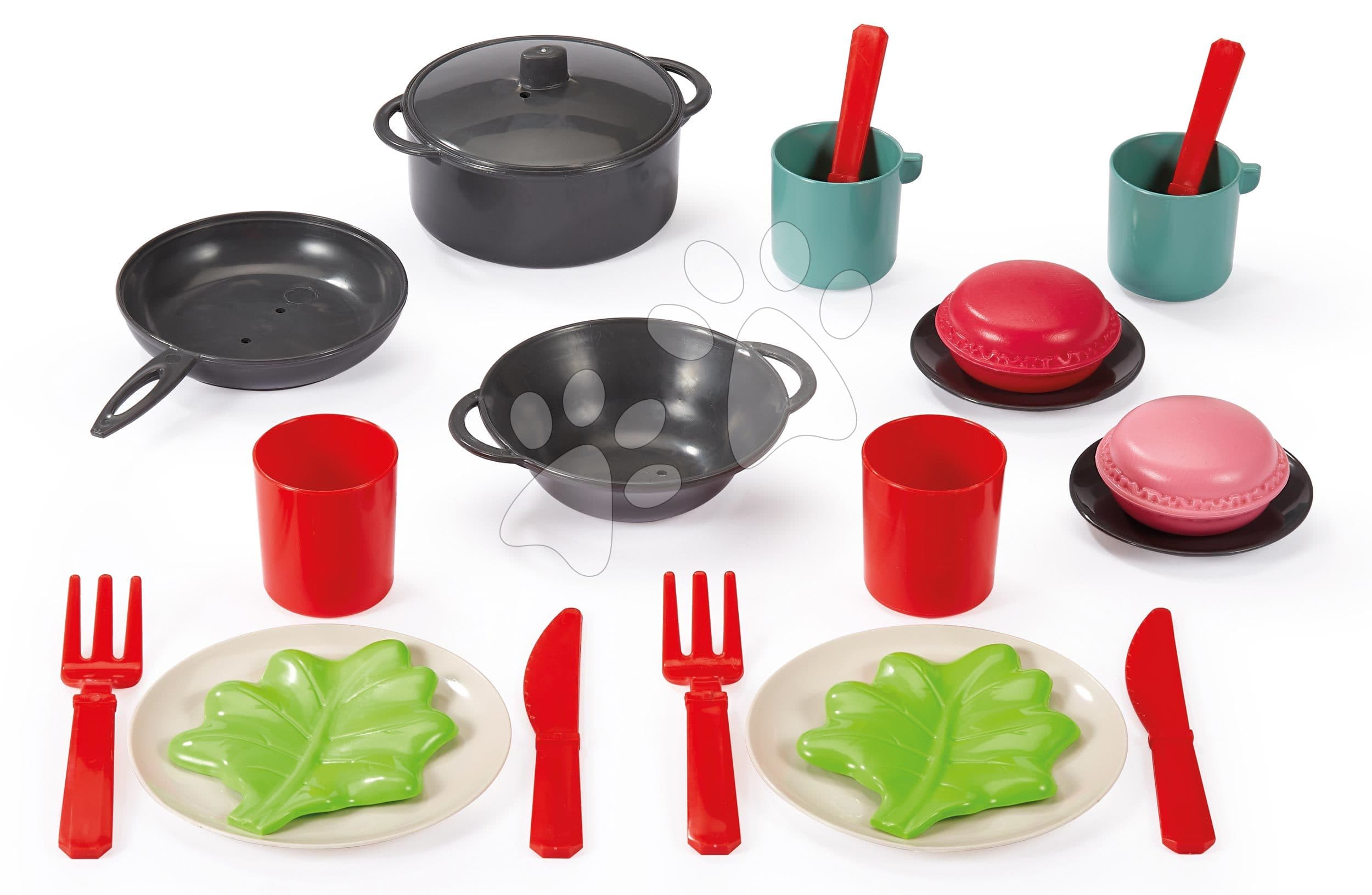 Piknikový košík s obedovou súpravou 100% Chef Écoiffier 23 cm s hrncom panvicou príbormi a makrónkami 22 dielov od 18 mes