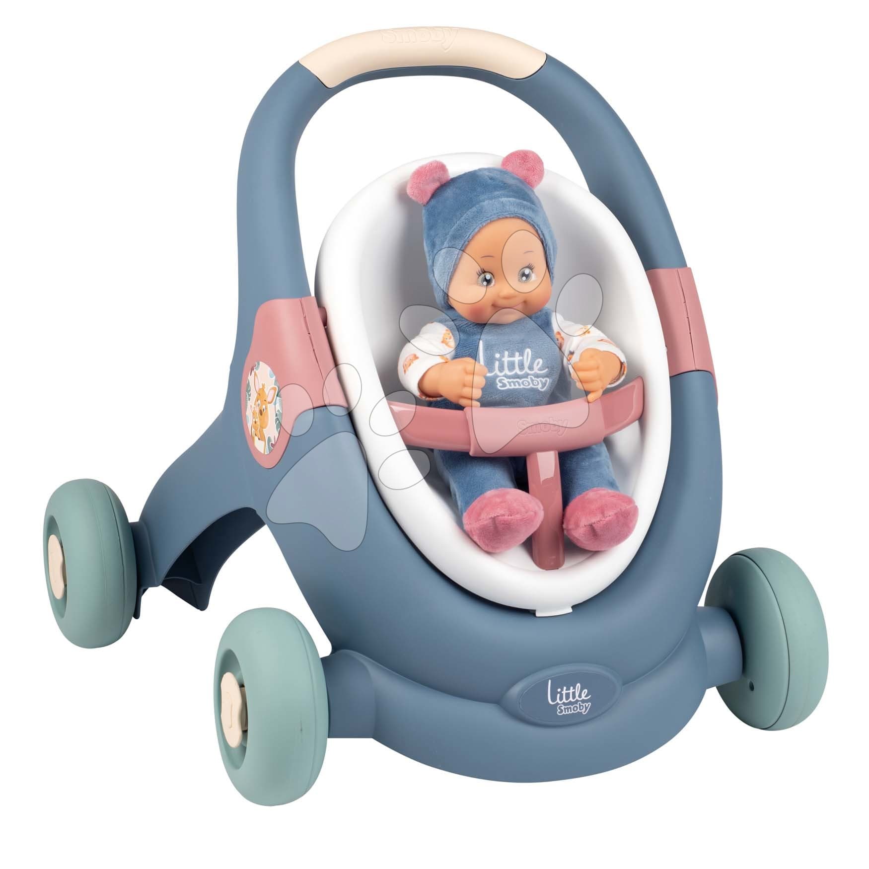 Didaktické chodítko a kočík Baby Walker 3v1 + Baby Doll Little Smoby s 30 cm bábikou a brzdovým systémom od 12 mes