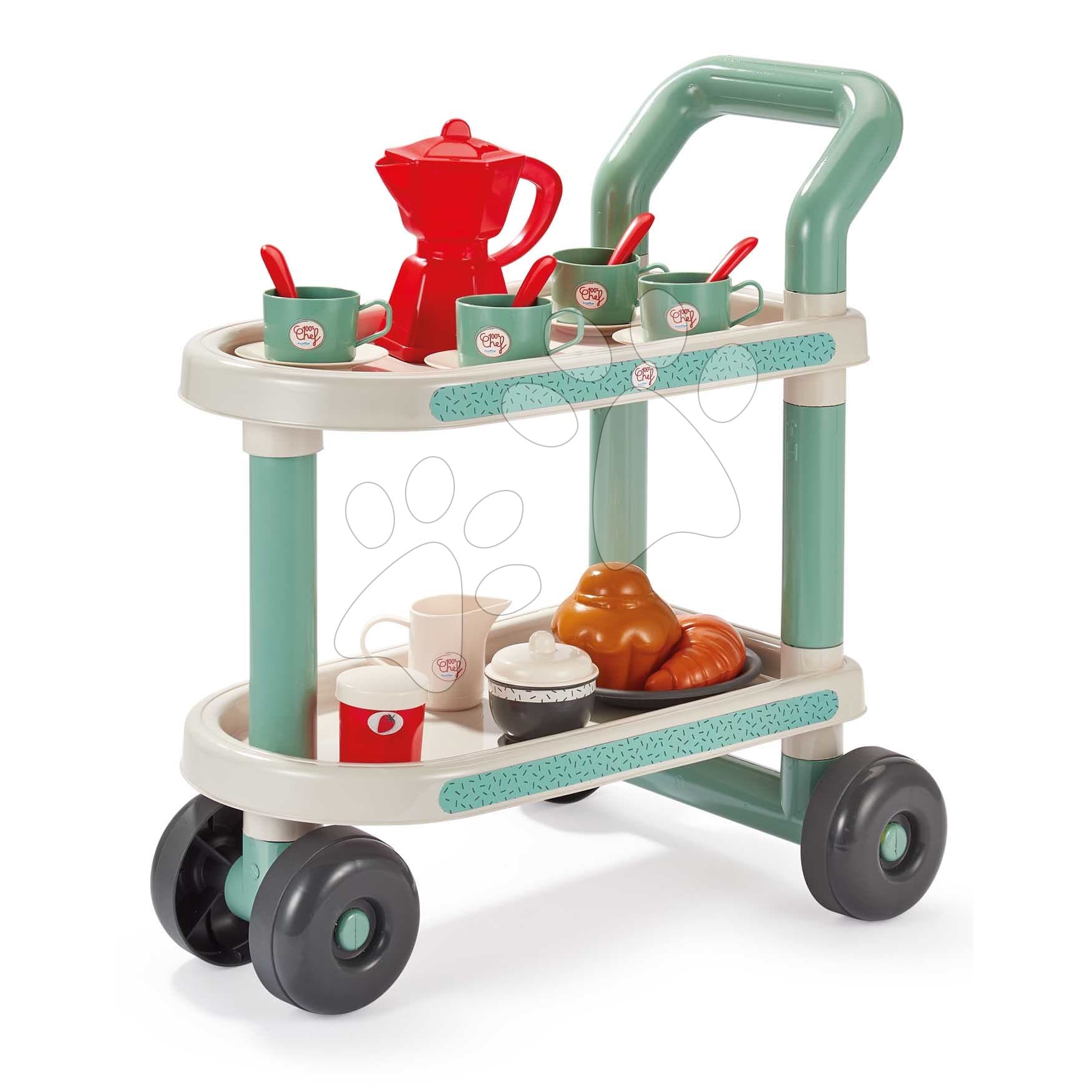 Servírovací vozík Breakfast 100% Chef Écoiffier s čajovou súpravou croissant a koláčik 22 dielov od 18 mes 1