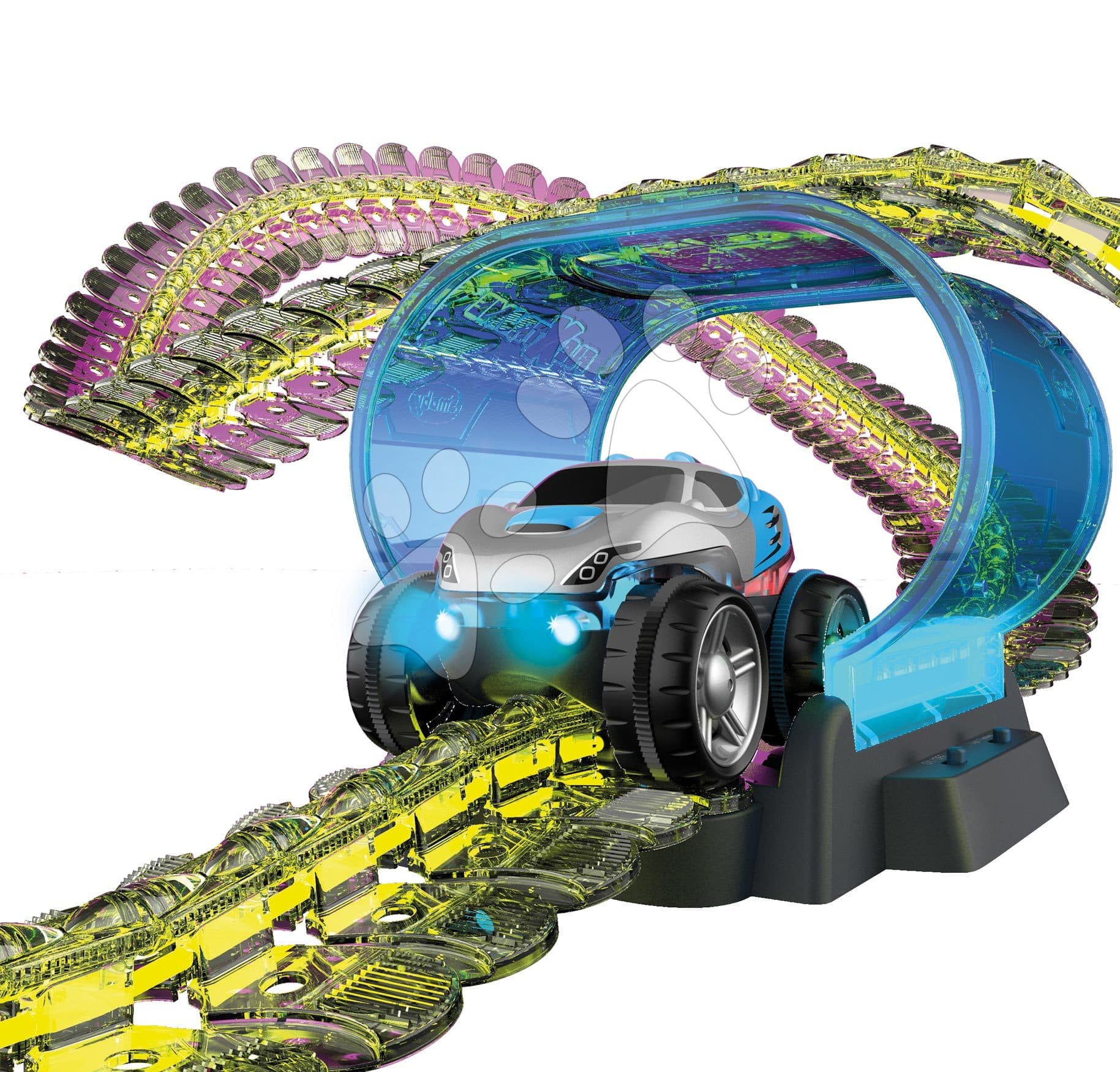 Flexibilná autodráha Flextreme Neon Set Smoby svietiaca v tme v rôznych farbách 2,6 m dlhá 112 dielov s elektronickým autom od 4 rokov 1