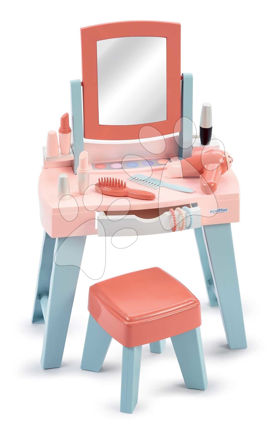 Kozmetický stolík so stoličkou Mademoiselle My First Beauty Table Écoiffier so sušičom na vlasy 11 doplnkov od 12 mes