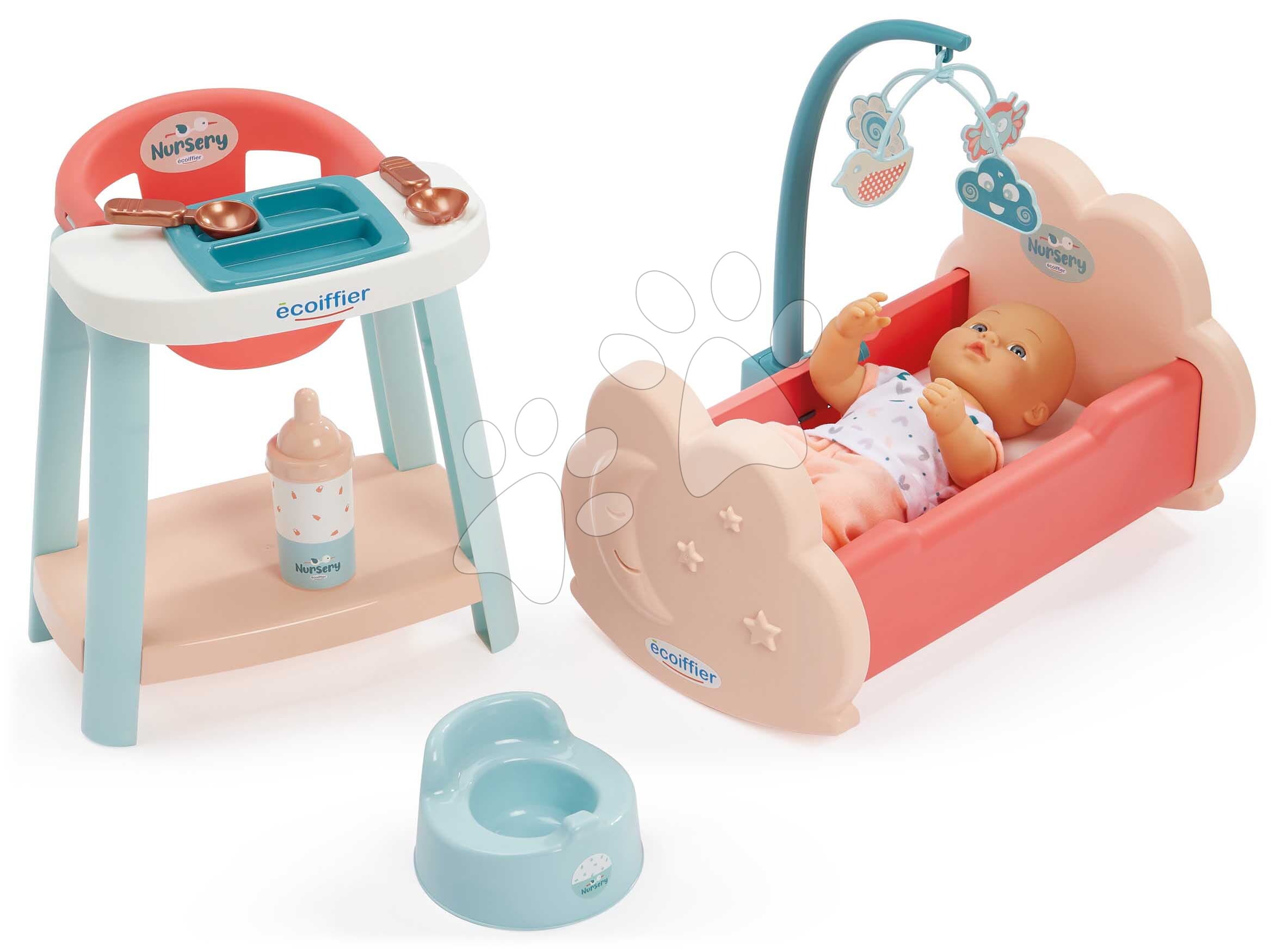 Opatrovateľská súprava s 30 cm bábikou Nursery Écoiffier jedálenská stolička s postieľkou a nočníkom 8 doplnkov od 18 mes