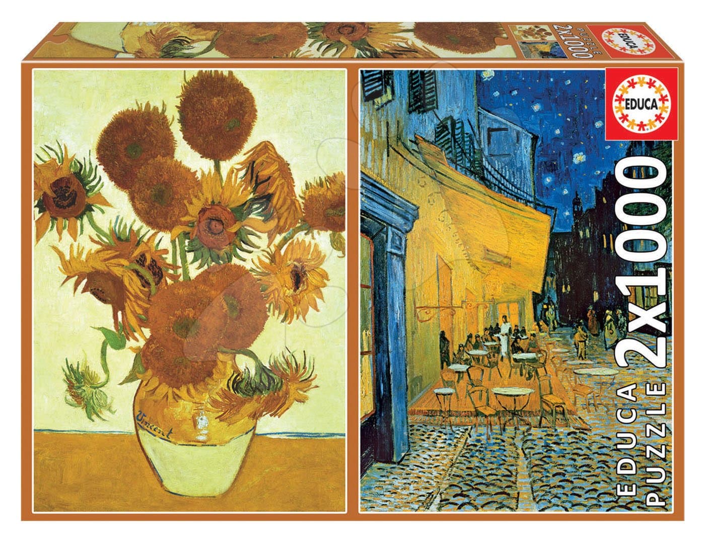 Puzzle Los Girasoles+Terraza De café Por La Noche Vincent van Gogh Educa 2x1000 dielov a Fix lepidlo od 11 rokov