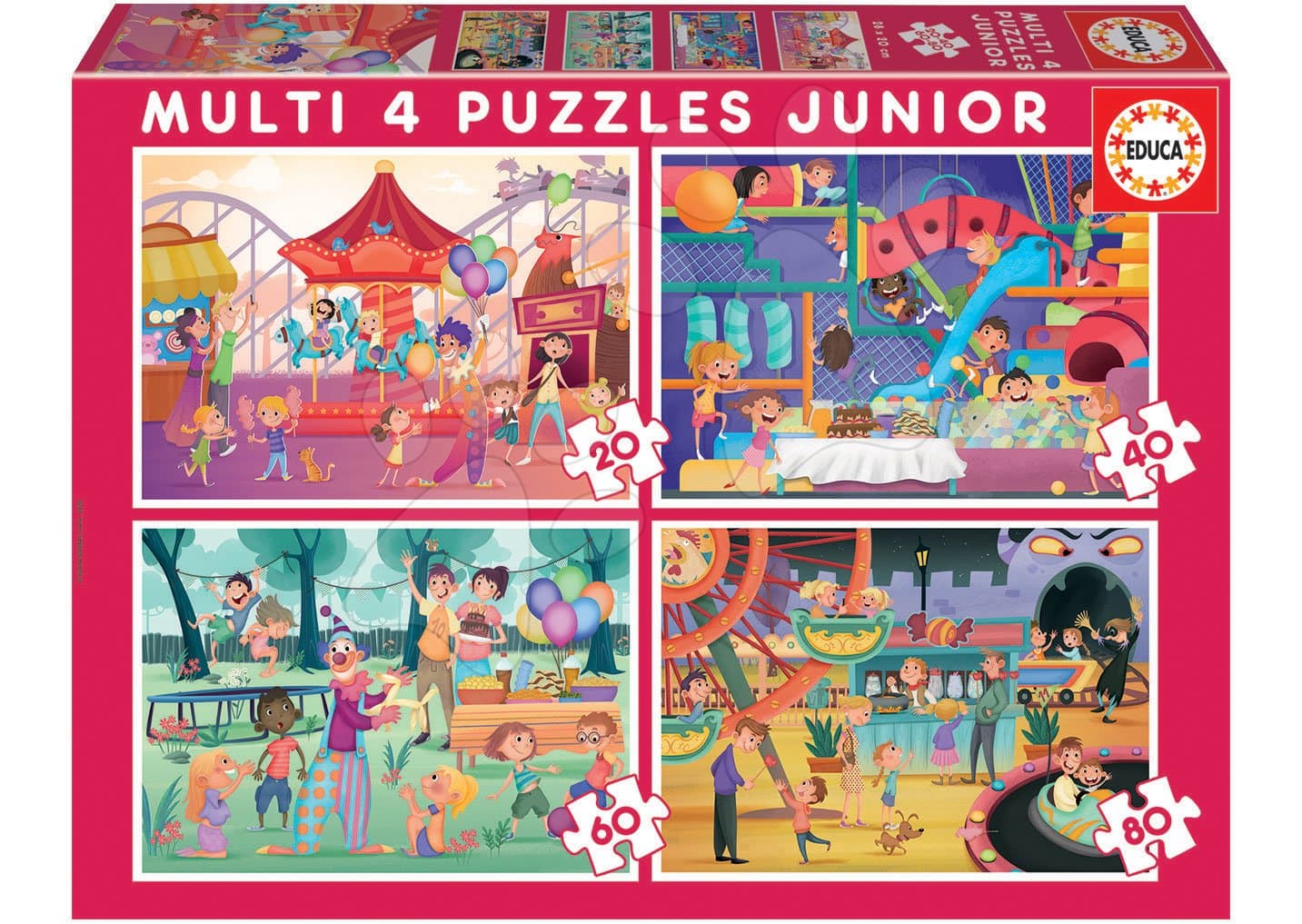 Puzzle Multi 4 Junior Park atractions+Children's party Educa 20-40-60-80 dielov od 4 rokov 1