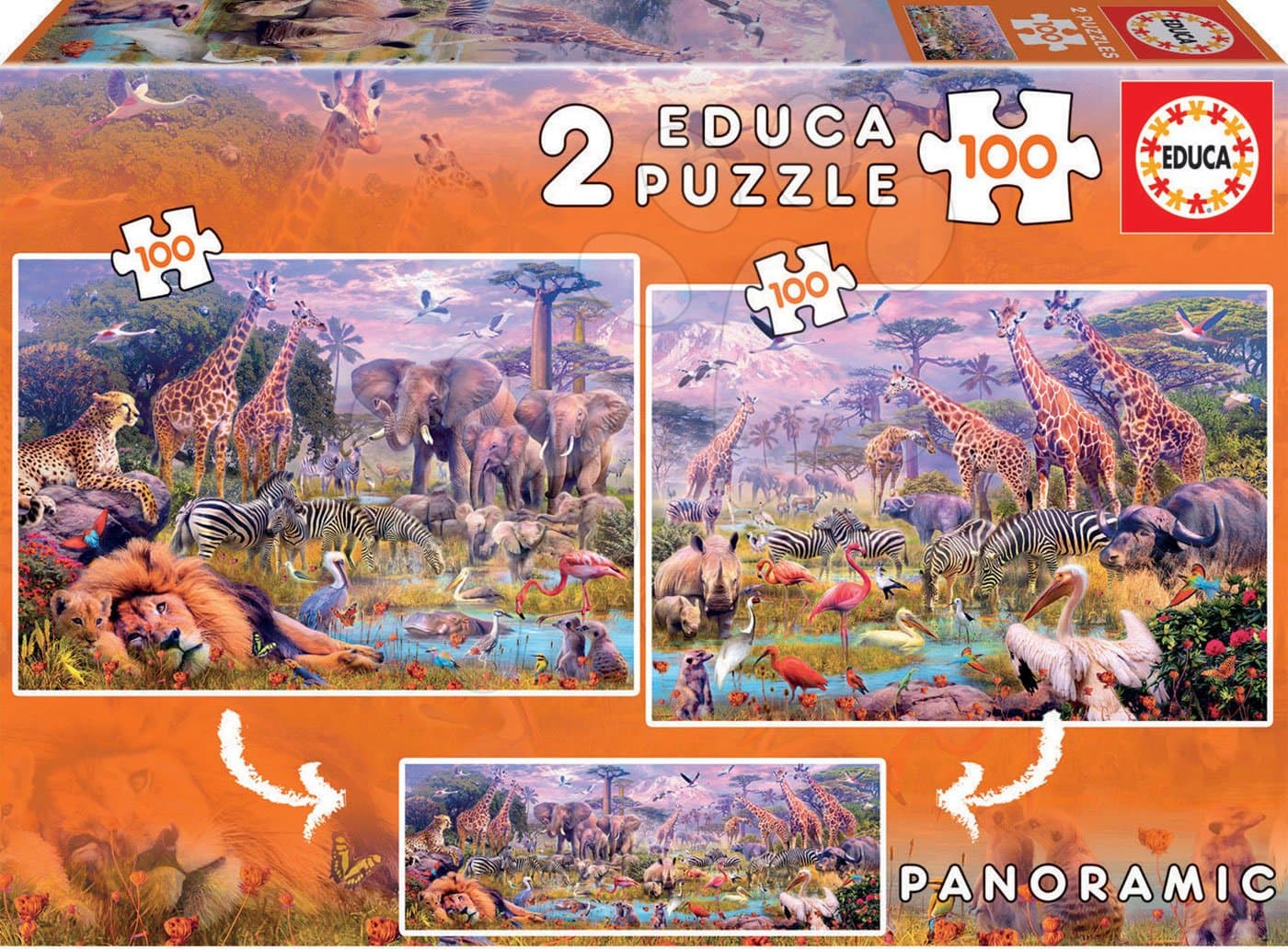 Puzzle panoramatické Divoké zvieratá Educa 2x100 dielov od 6 rokov