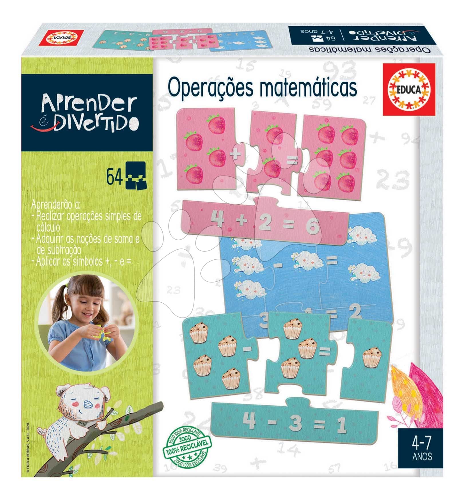 Náučná hra matematické operácie Educa Učíme sa počítať s obrázkami 64 dielov v portugalčine od 4 rokov