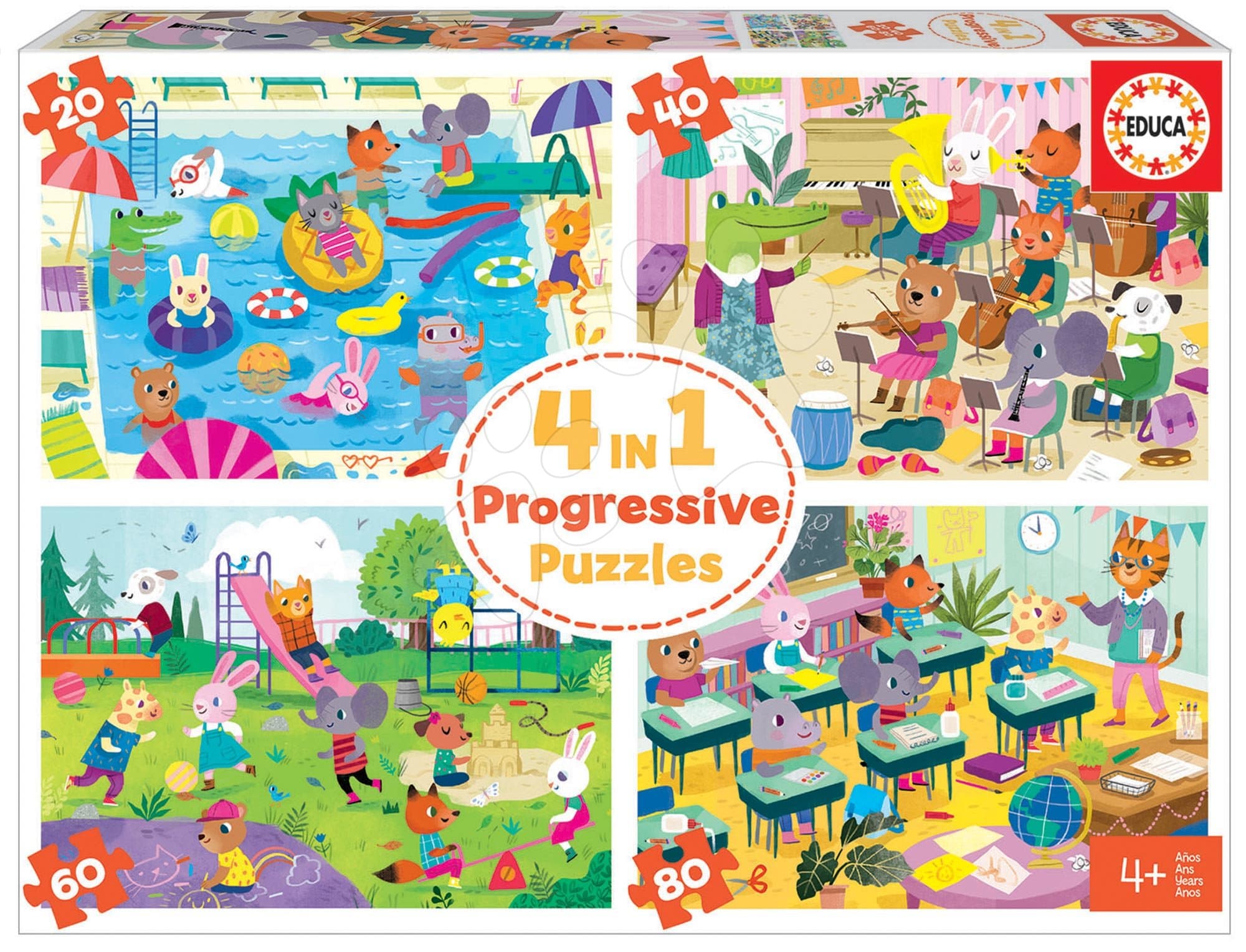 Puzzle škola School Day Progressive Educa zvieratká školáci 20-40-60-80 dielne od 4 rokov 1