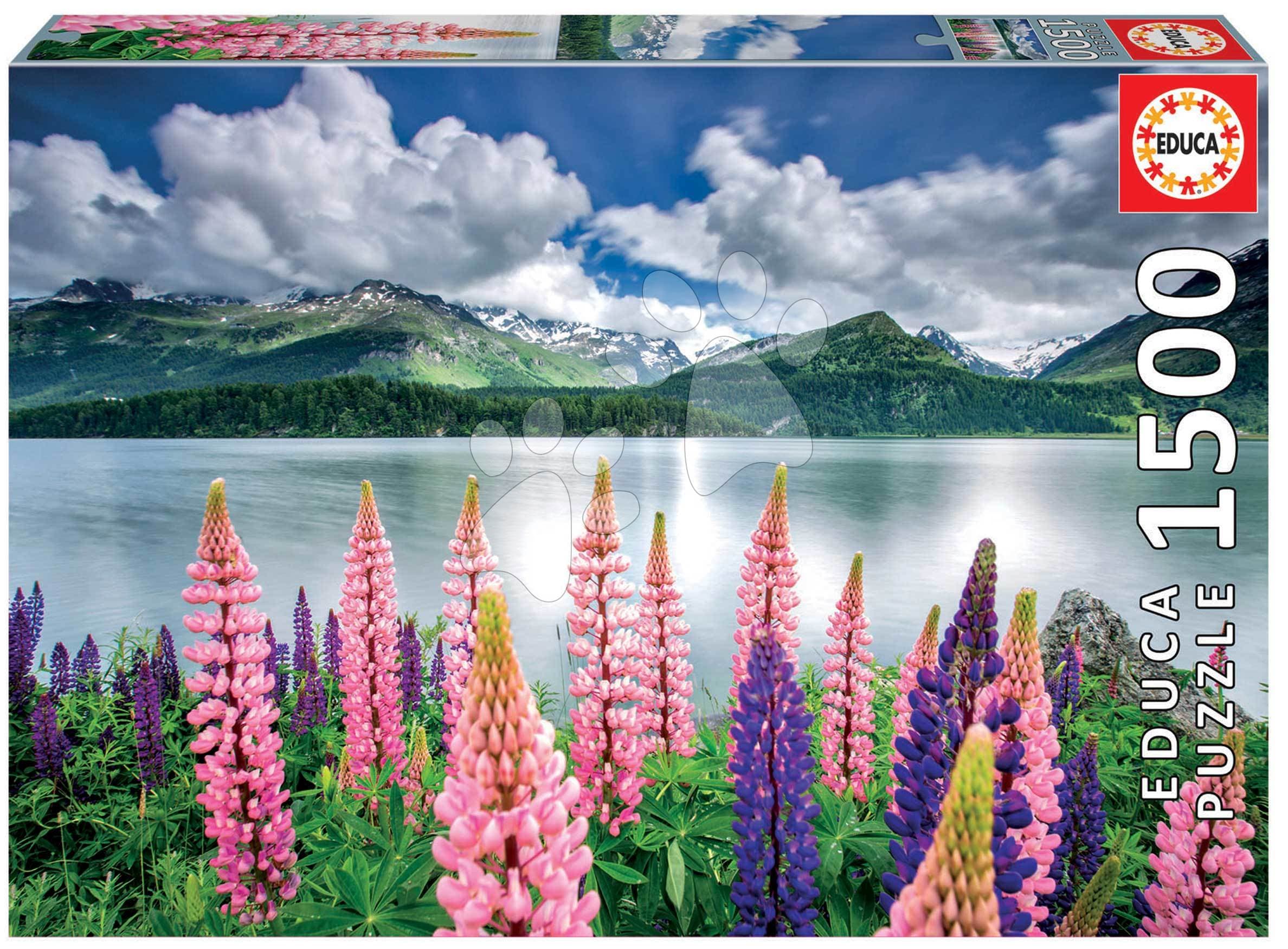 Puzzle Lupins On The Shores of Lake Sils Switzerland Educa 1500 dielov a Fix lepidlo 1