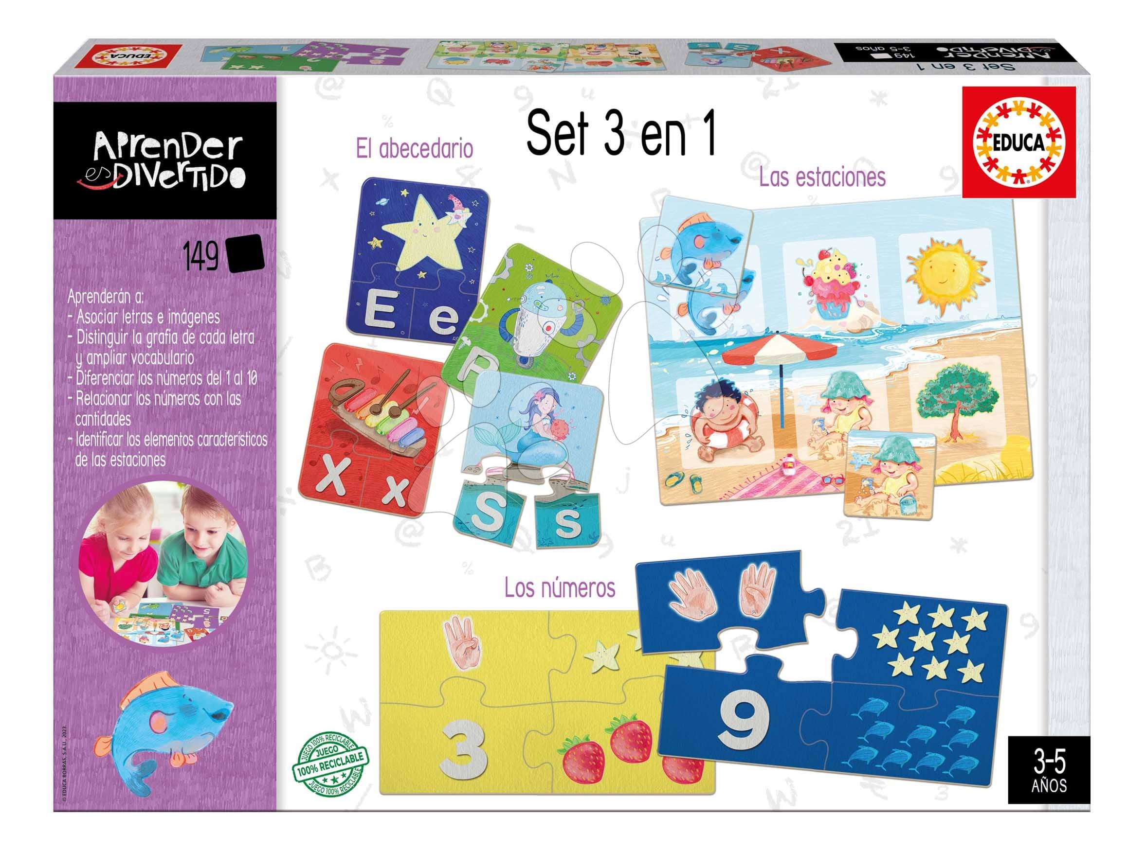 Náučná hra 3v1 Multi Educa Učíme sa abecedu čísla a ročné obdobia s obrázkami 149 dielov v španielčine