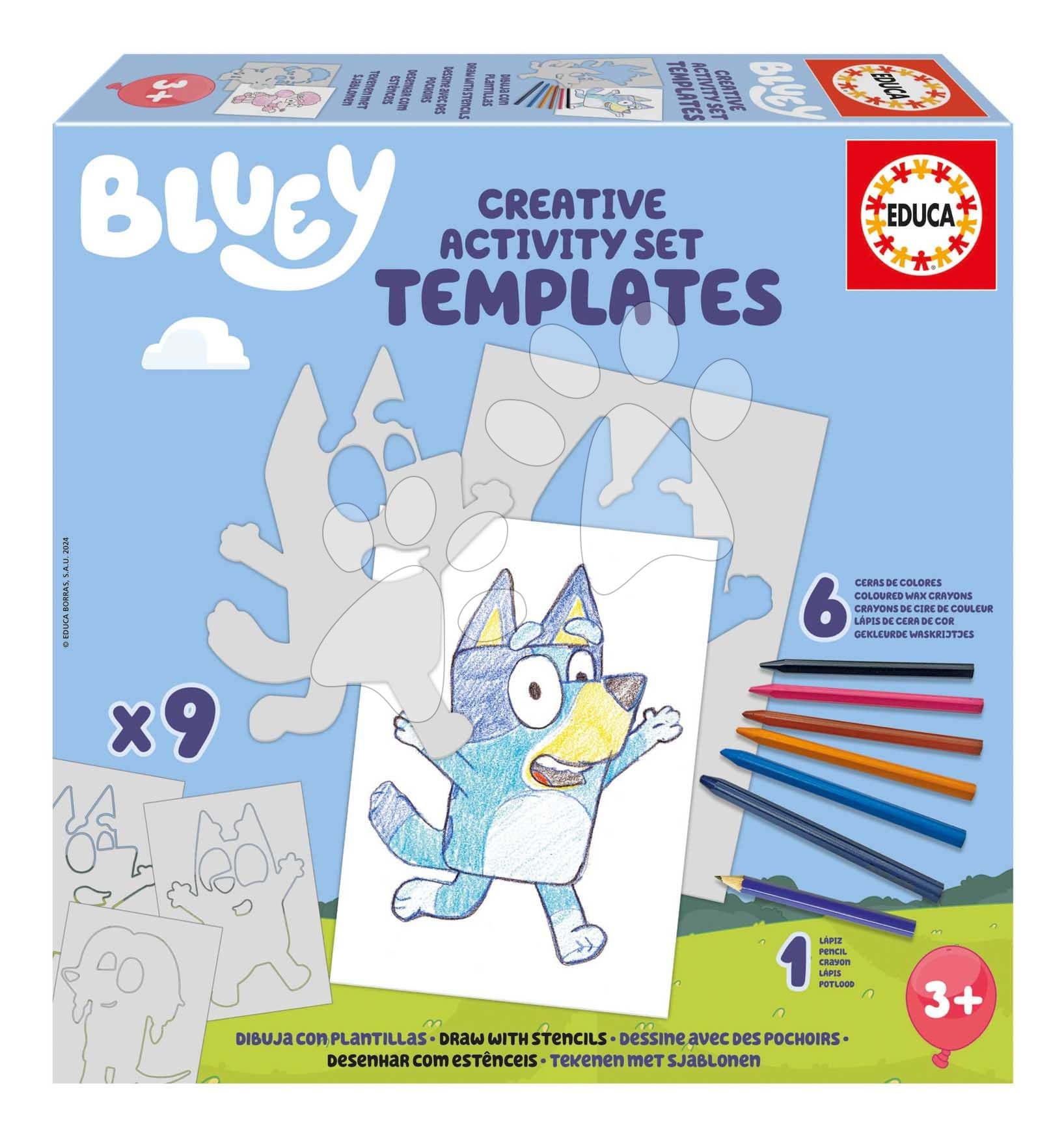 Kreatívne kreslenie Stencil Bluey Activity Set Educa vyfarbi si psíka Bluey so 6 farebnými voskovkami 8 rôznych modelov