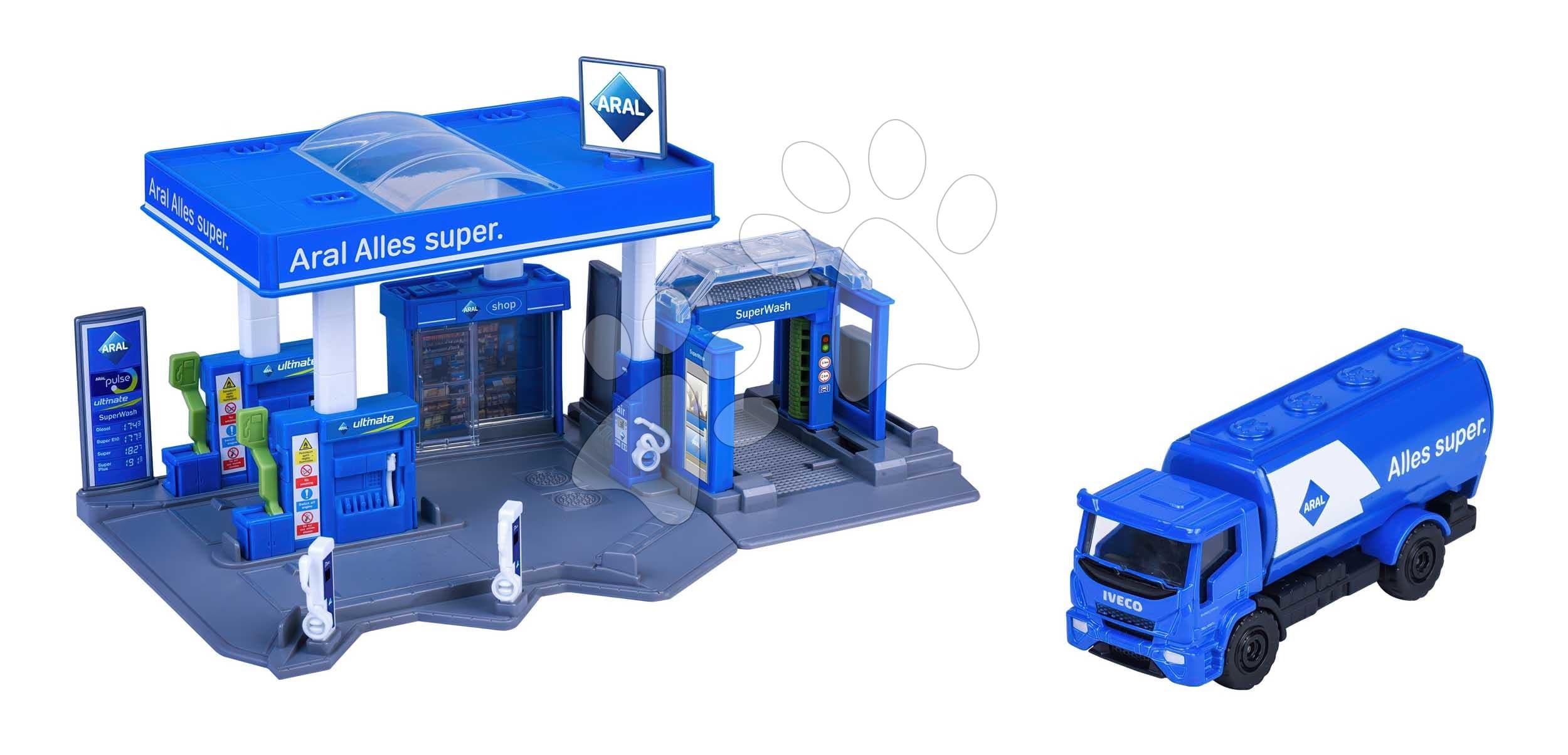 Garáž čerpacia stanica s umývačkou Aral Petrol Station Majorette s kovovým modelom autíčka Iveco od 5 rokov