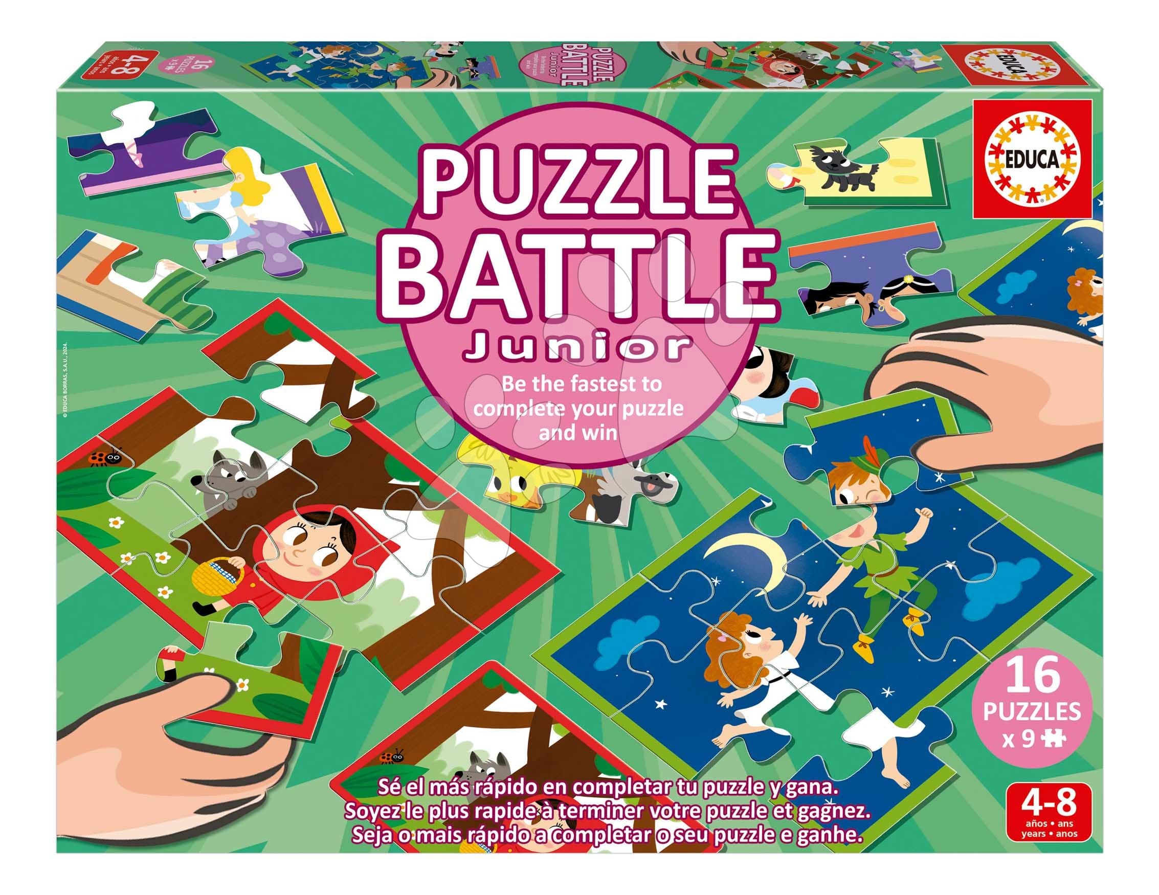 Puzzle Battle rozprávky Stories Junior Educa 16 druhov puzzle 144 dielikov a 16 kariet s obrázkami od 4 rokov