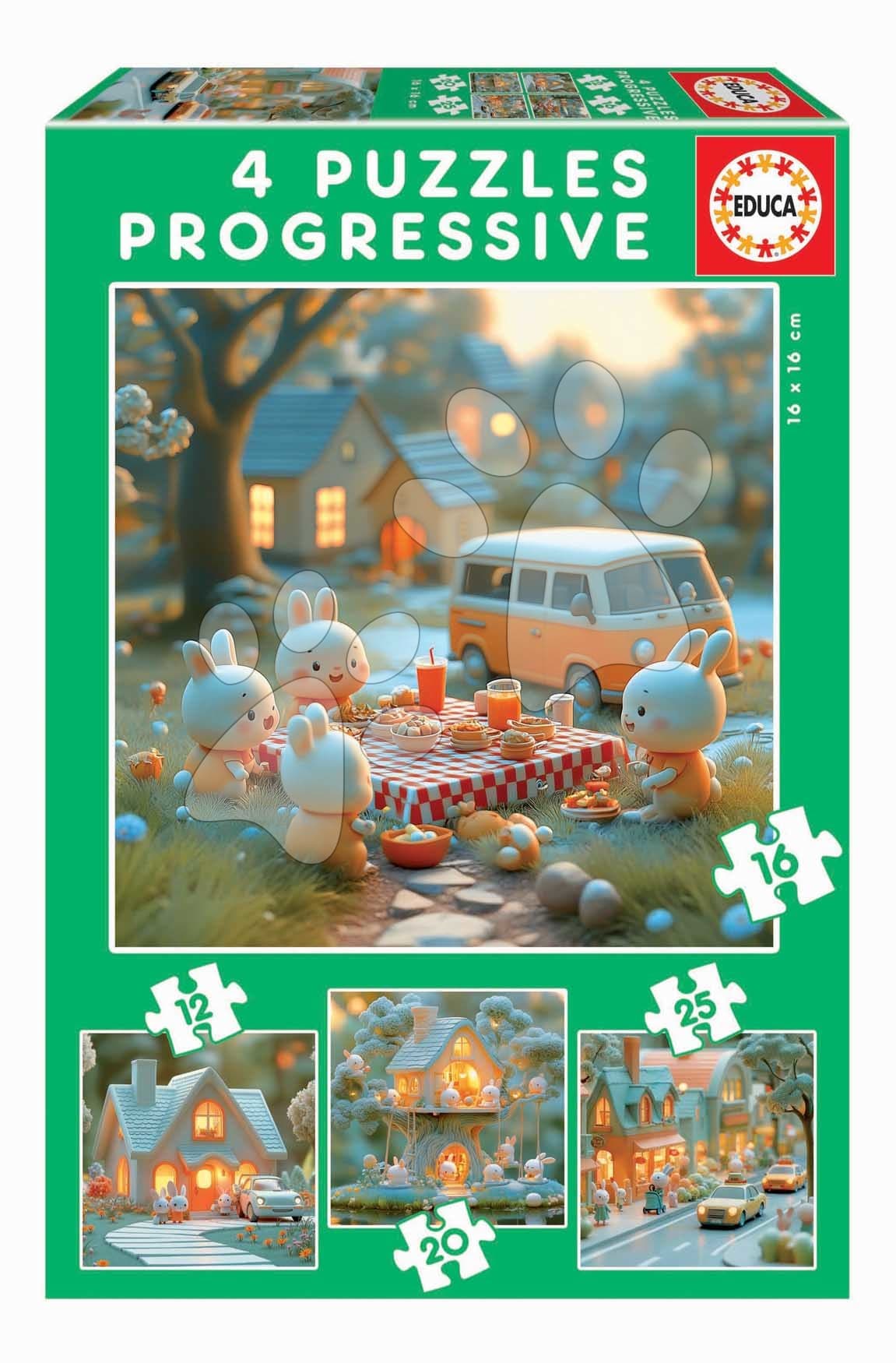 Puzzle Zajačikovia Bunny City Progressive Educa progresívne 12-16-20-25 dielov 1