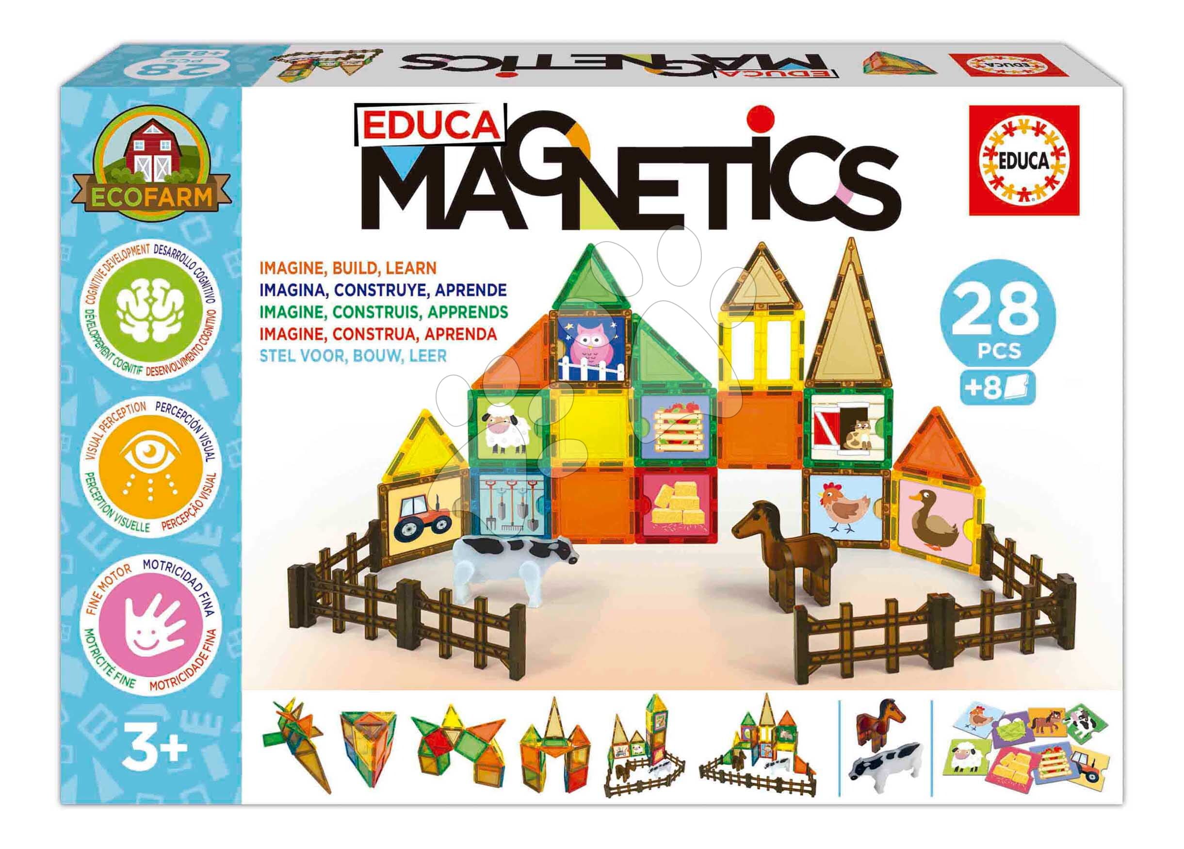 Stavebnica magnetická Ekologická farma Magnetics Eco Farm Educa 28 farebných dielikov s 2 figúrkami zvieratiek