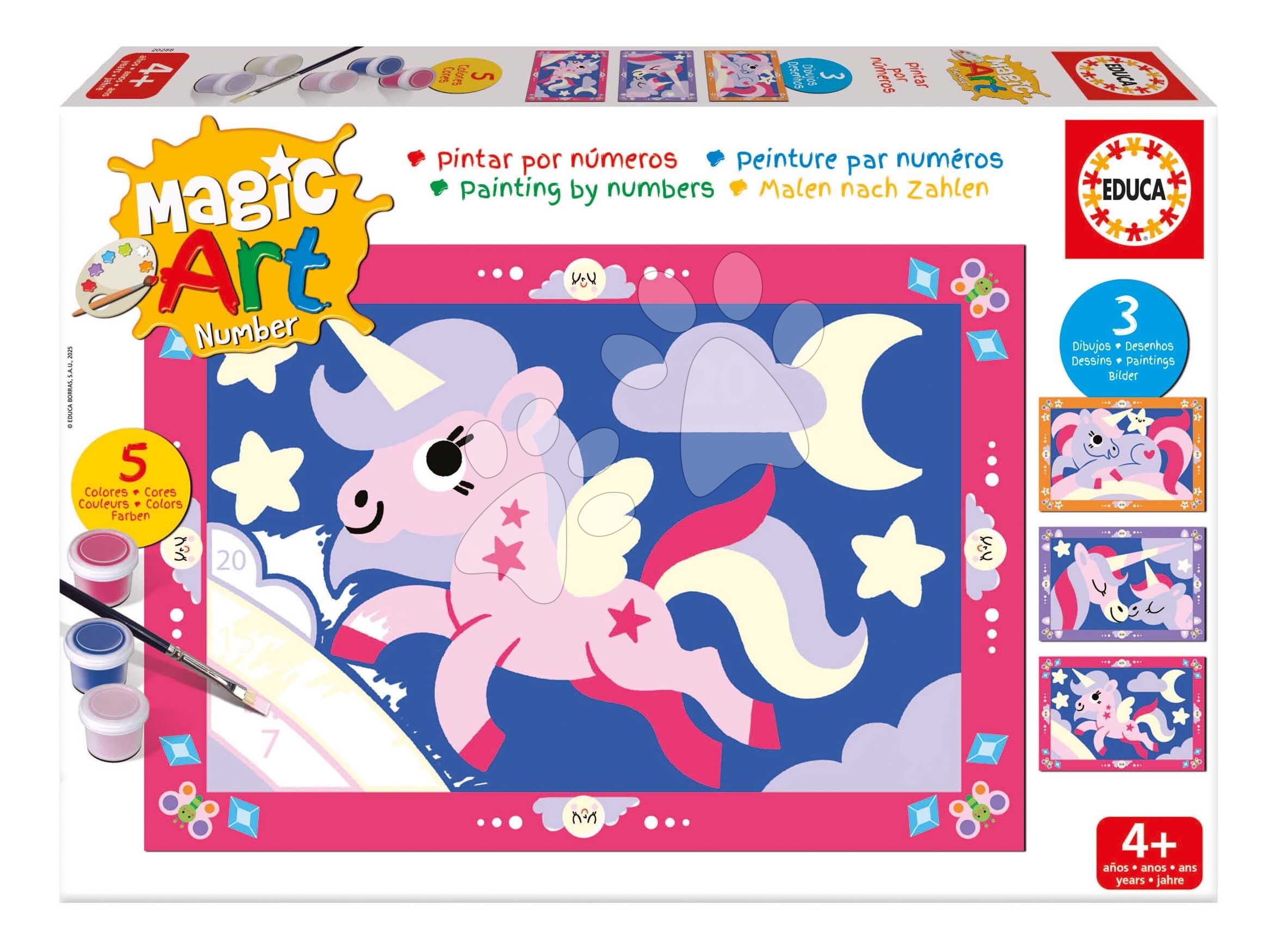 Maľovanie podľa čísiel Jednorožci Magic Art Number Unicorns Educa 3 obrázky s 5 farbami štetcom a paletou od 4 rokov