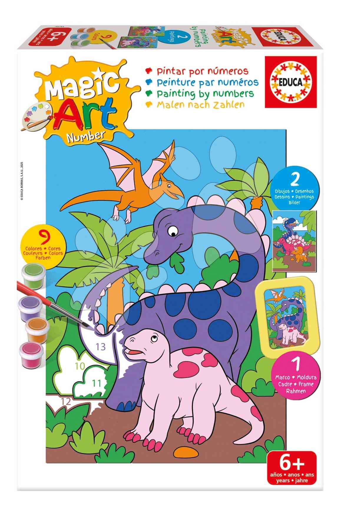 Maľovanie podľa čísiel Svet dinosaurov Magic Art Number Dinosaurs Educa 2 obrázky s rámikom a 9 farieb so štetcom a paletou od 6 rokov